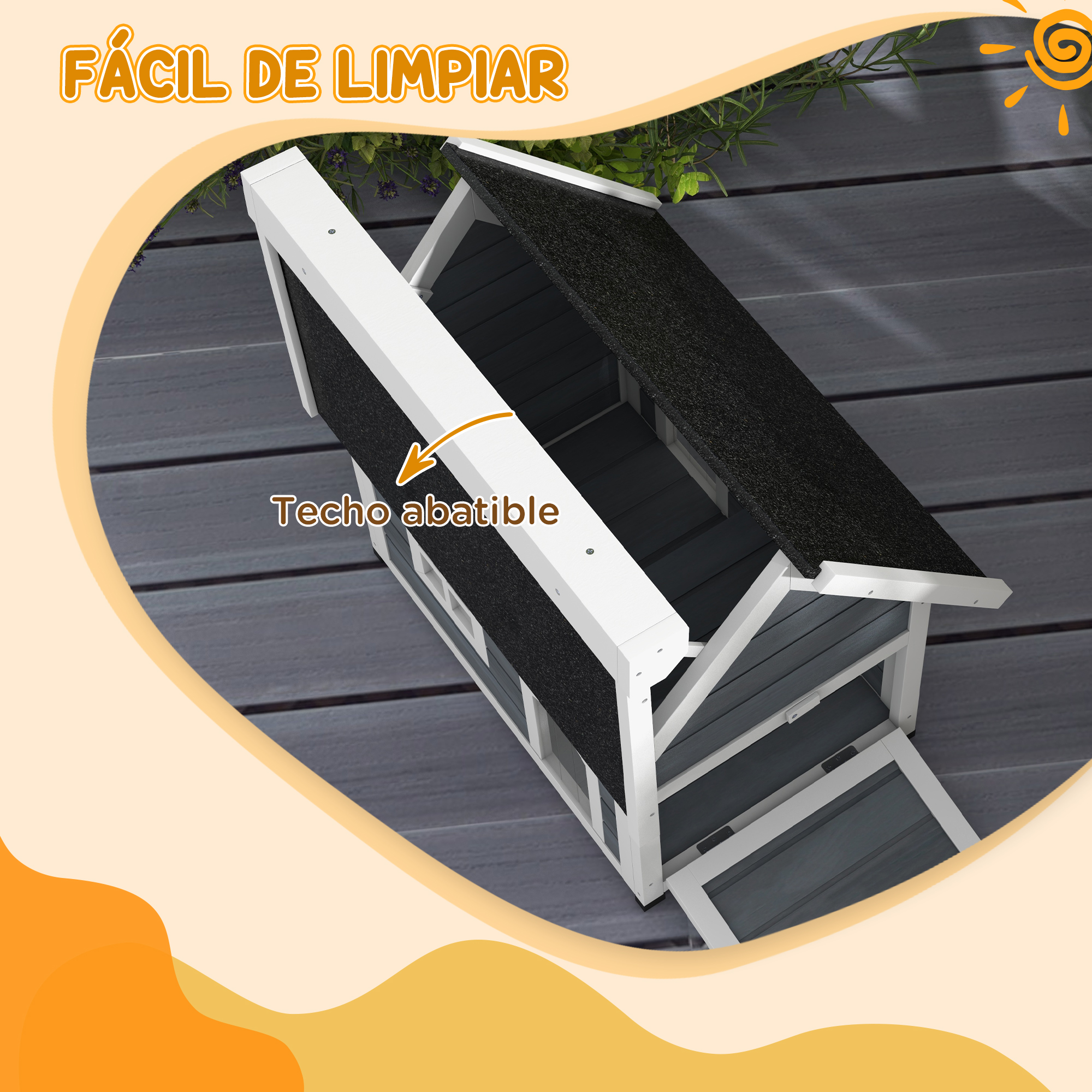 Casa para gatos con techo abatible para limpiar. Hecha de madera gris y blanca con techo negro.