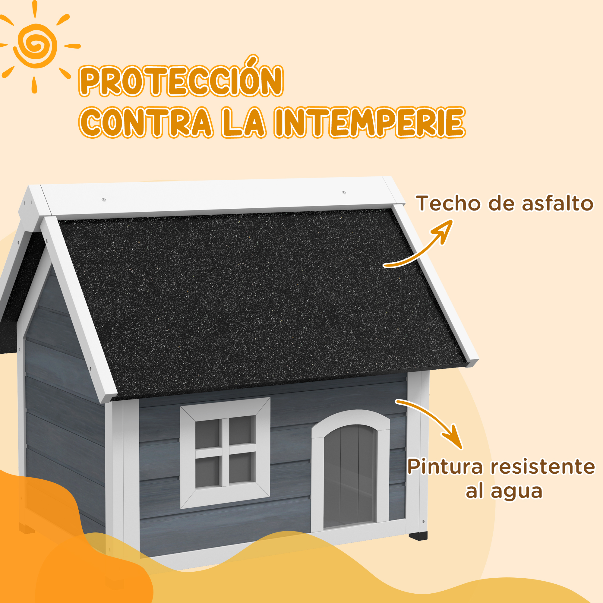 Casa para gatos con techo de asfalto y pintura resistente al agua, con etiquetas de texto.