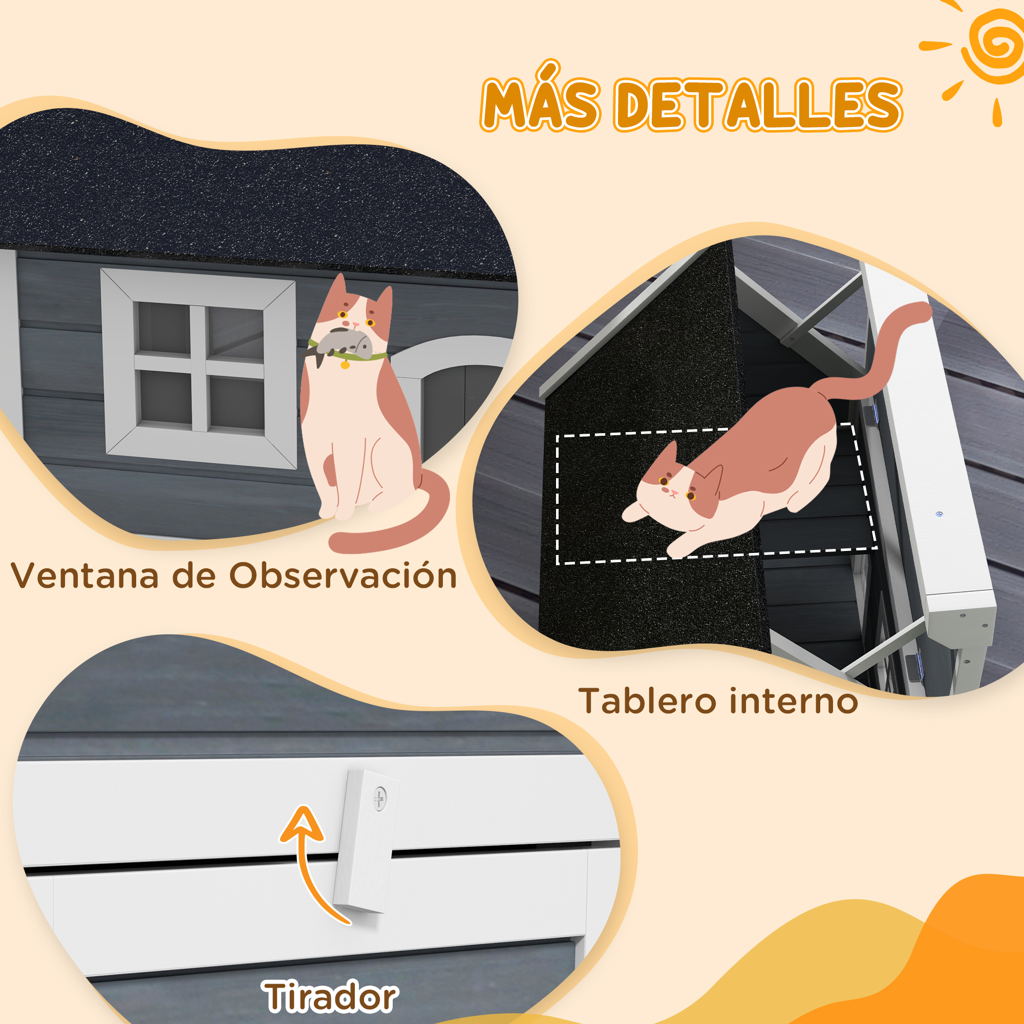 Detalles de un gallinero: ventana de observación con gato, tablero interno con gato y un tirador. El fondo es azul claro.
