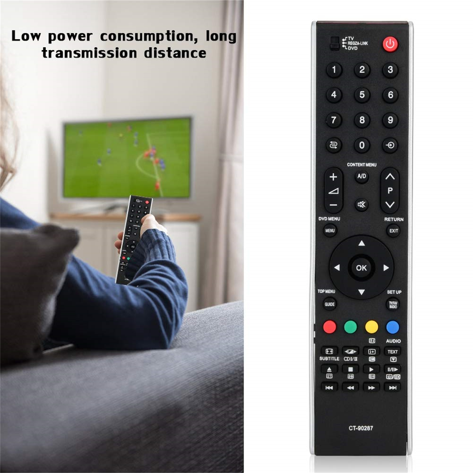 Eine Frau benutzt eine Fernbedienung, um den Fernseher zu wechseln. Die Fernbedienung ist schwarz und hat viele Knöpfe.