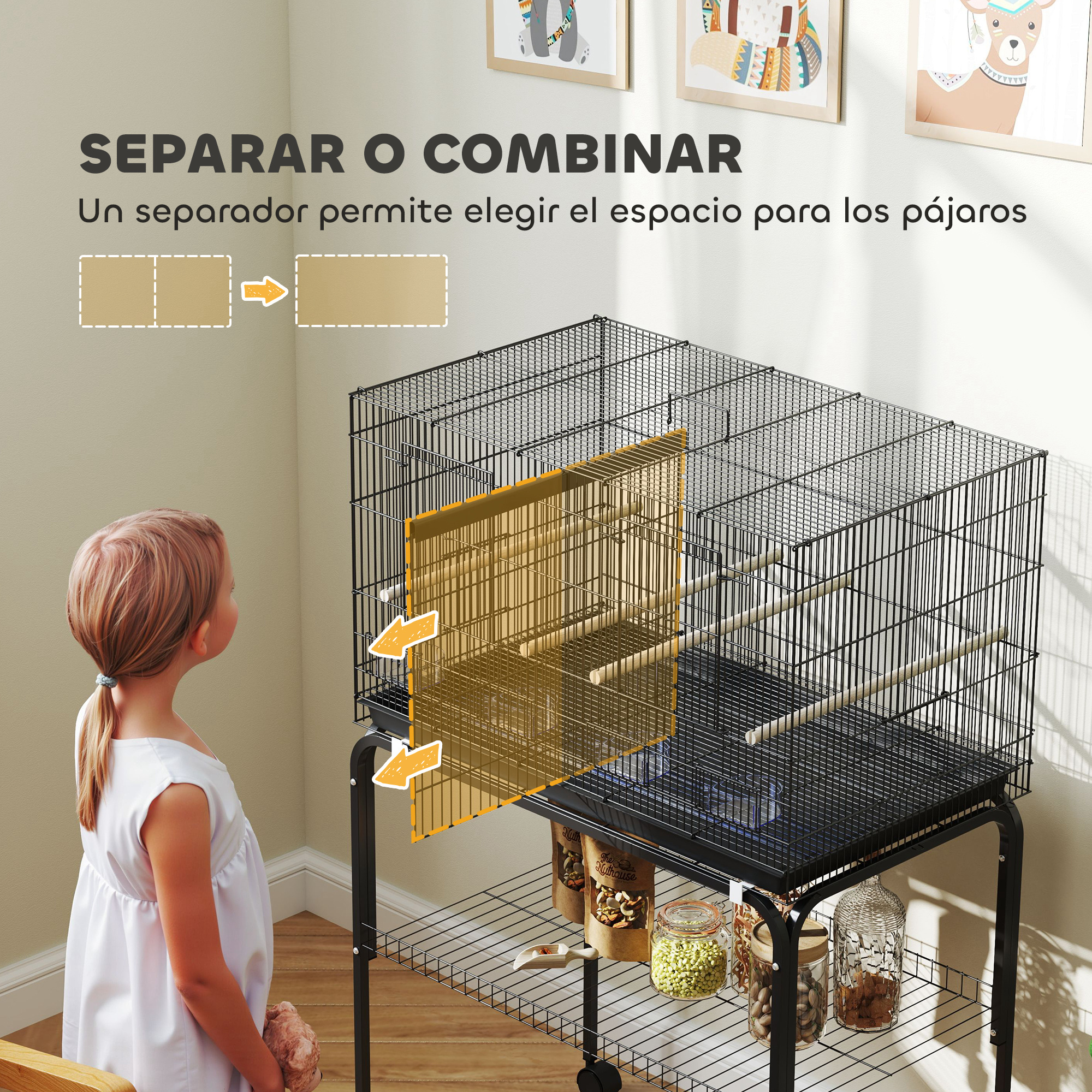 Una niña mira una jaula para pájaros con un separador. La jaula está sobre un soporte. El fondo tiene comida y fotos.