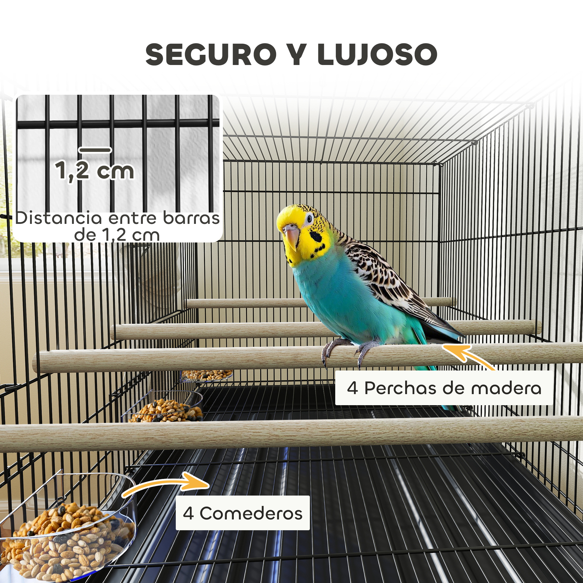 Un periquito se sienta en una jaula de pájaros de alambre negro con comida, perchas y las palabras 'Seguro y Lujoso' en la parte superior.