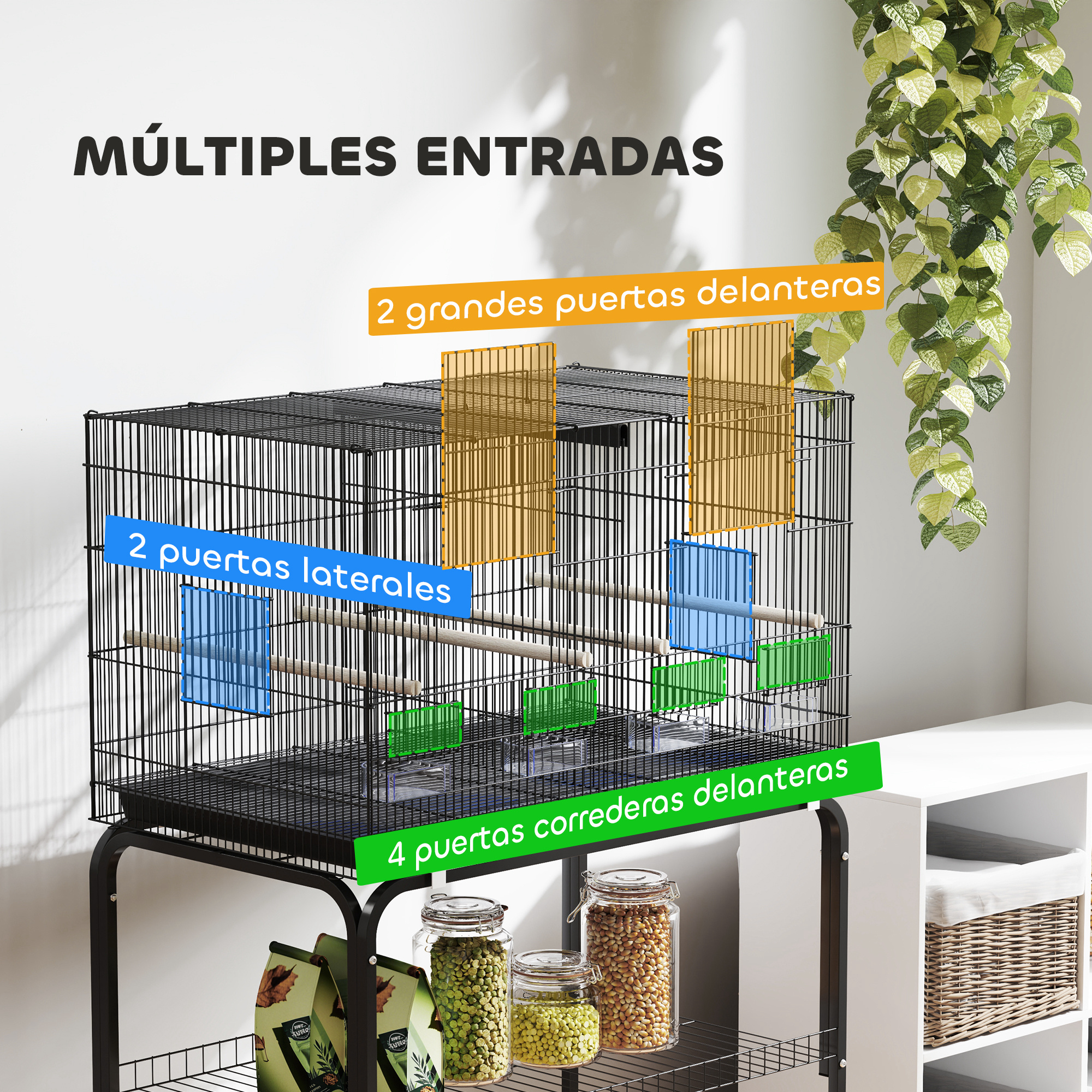 Una jaula para pájaros con múltiples entradas, puertas y bandejas extraíbles. Es negra con áreas etiquetadas.