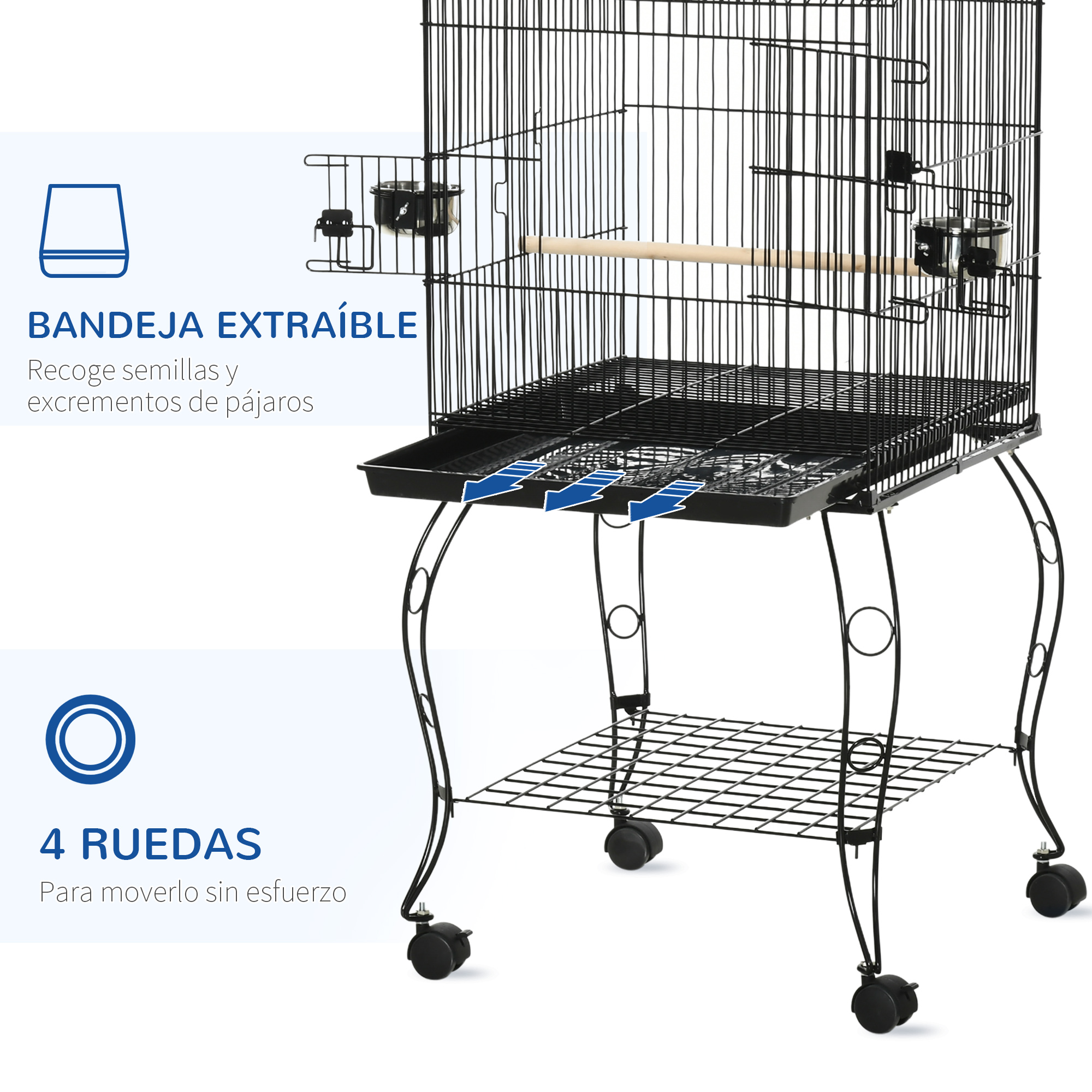 Se muestra una jaula de pájaros negra con una bandeja extraíble y ruedas, destacando sus características.
