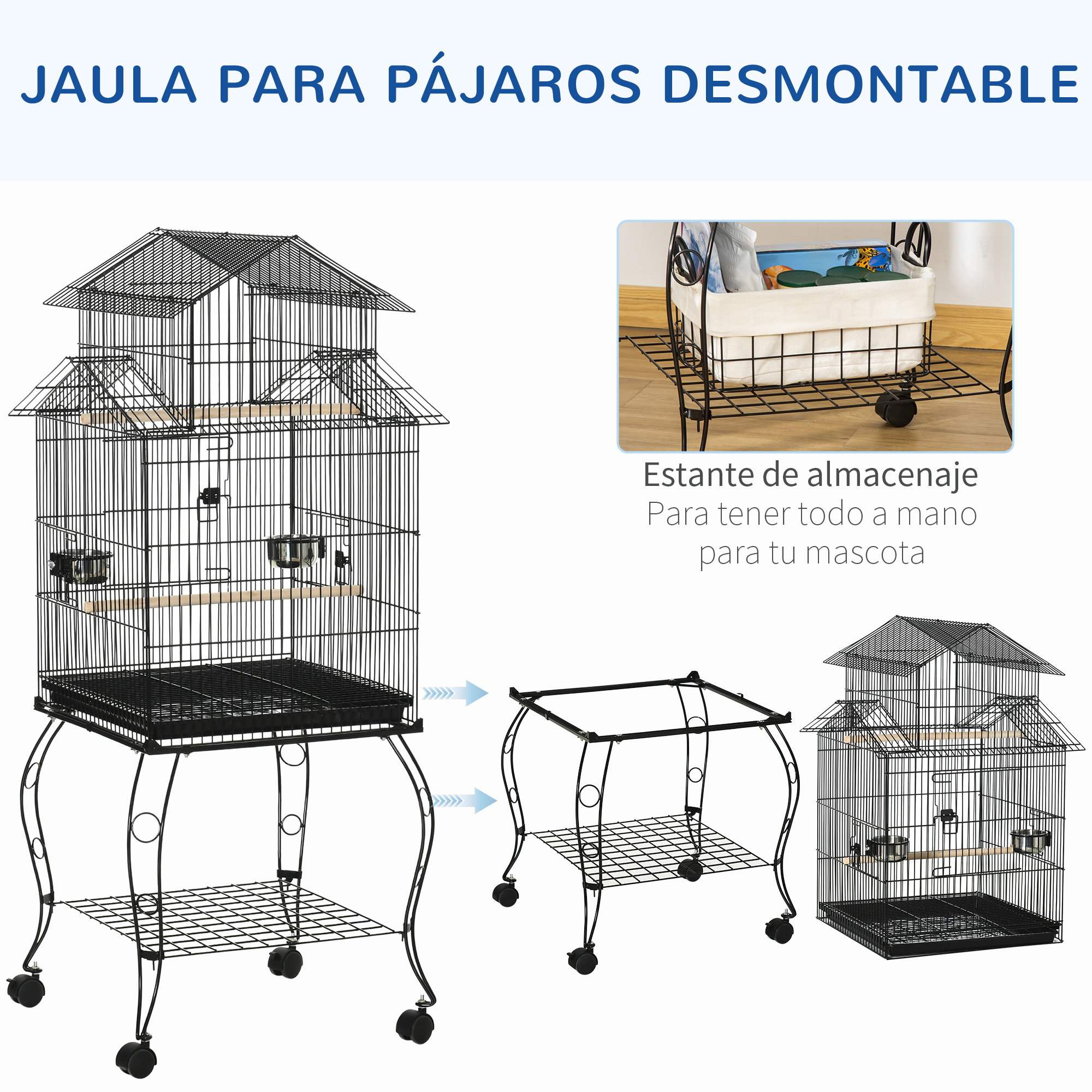 Se muestra una jaula de pájaros negra en tres configuraciones, destacando su diseño desmontable y estante de almacenamiento.