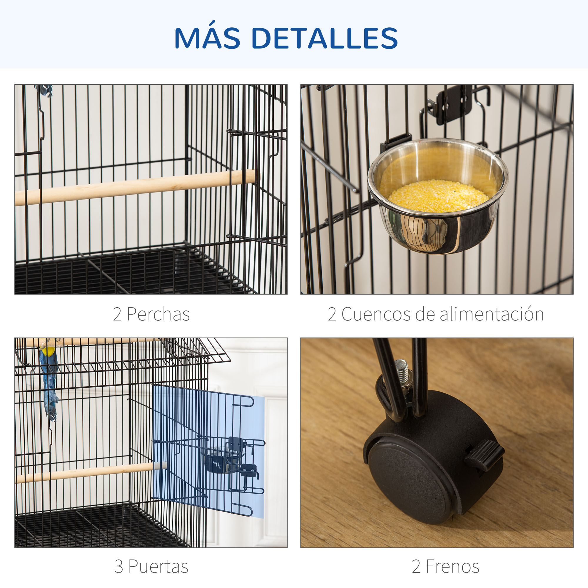 Detalles de primer plano de una jaula, mostrando perchas, comederos, puertas y ruedas.