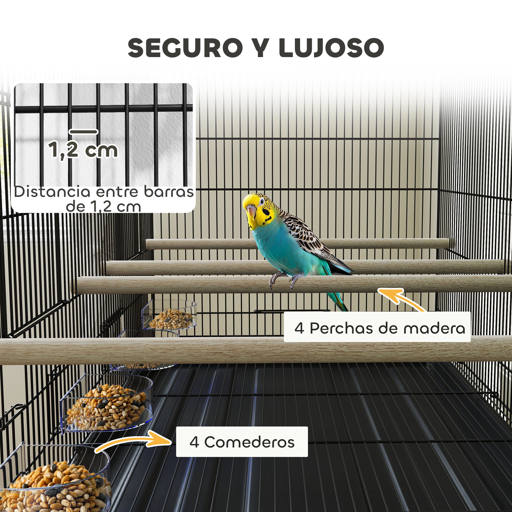 Una jaula con un periquito y etiquetas para perchas y comederos.