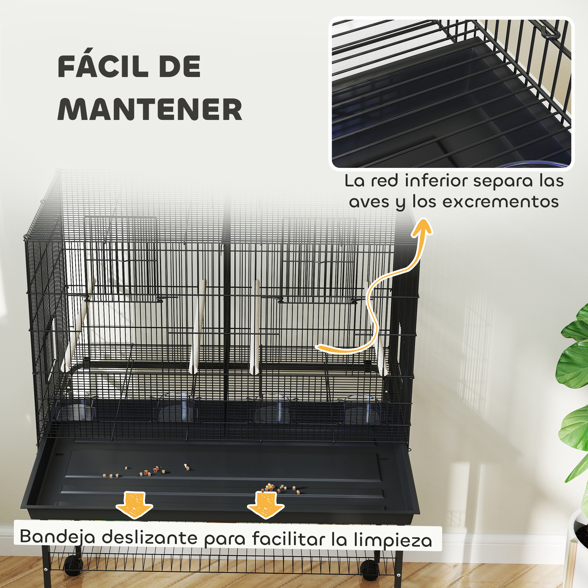 Una jaula para pájaros con una bandeja deslizante para facilitar la limpieza, con etiquetas en español.