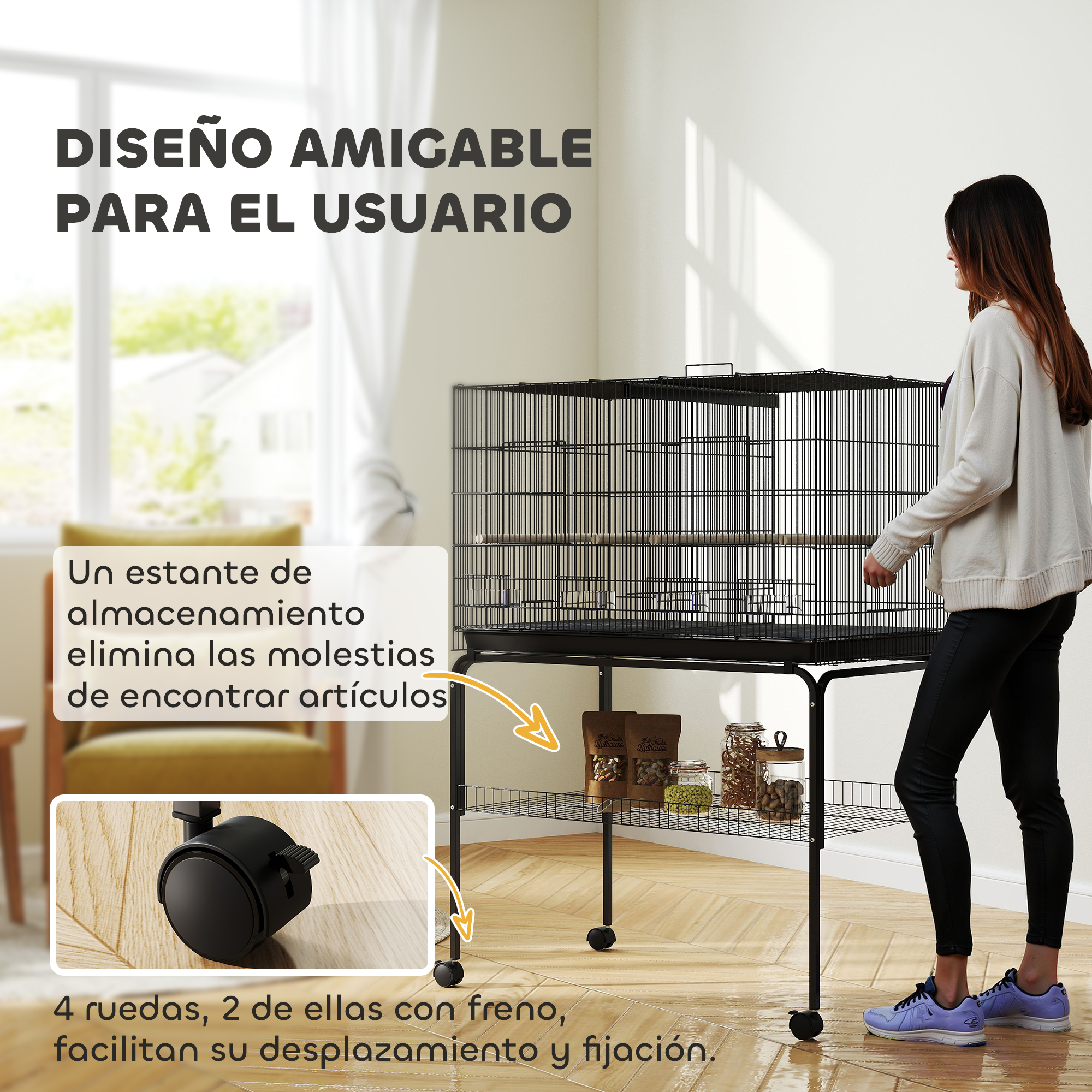 Una mujer con una jaula para pájaros en un soporte con ruedas y almacenamiento.