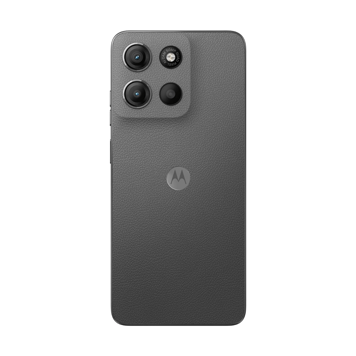 Ciemnoszary telefon Motorola z trzema aparatami i logo Motorola.
