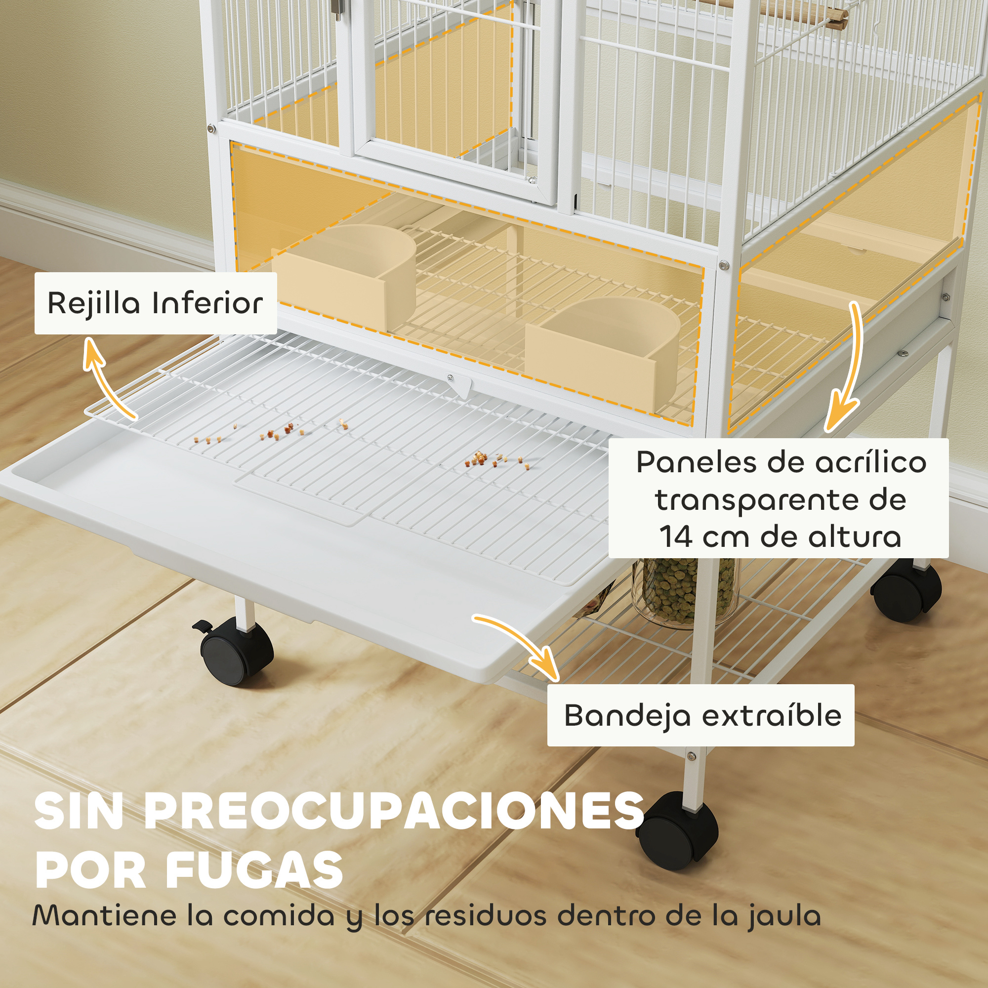 Jaula blanca con bandeja extraíble y paneles acrílicos transparentes. Texto en español.