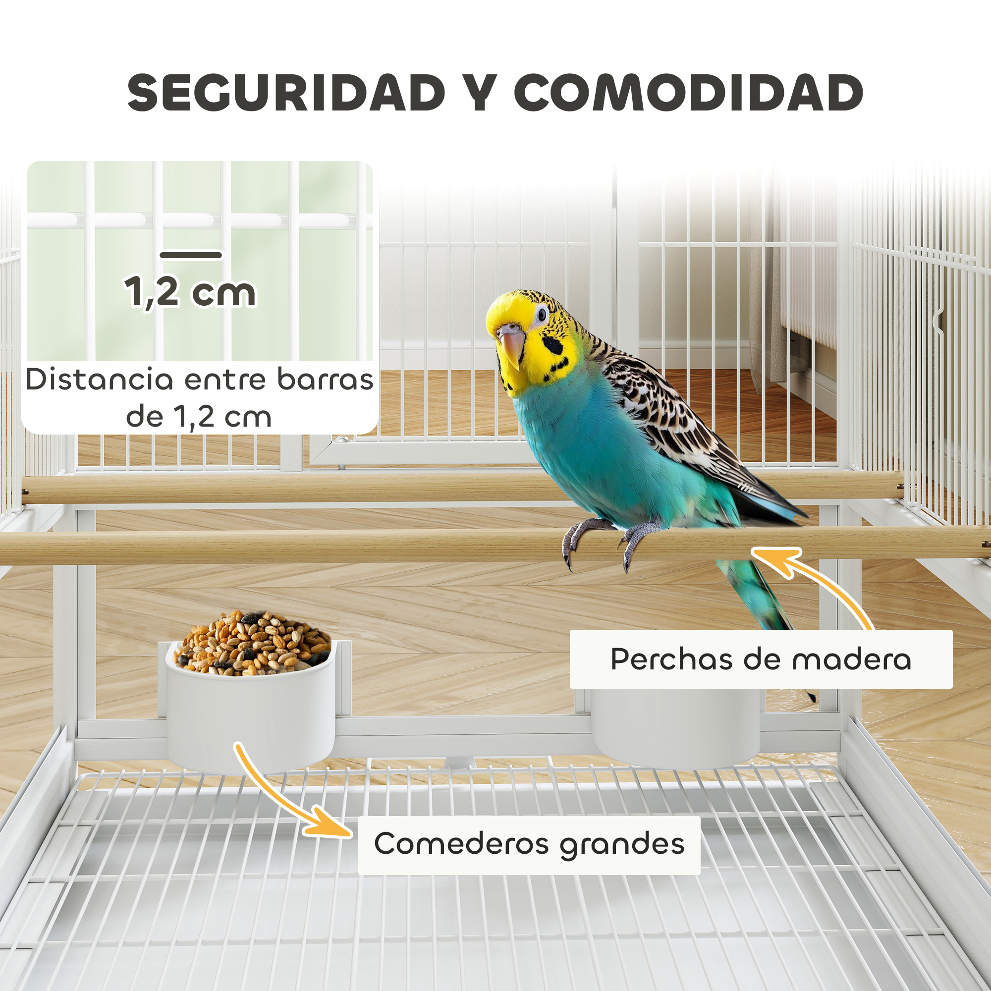 Un pájaro en una percha de madera dentro de una jaula blanca. Comederos visibles.