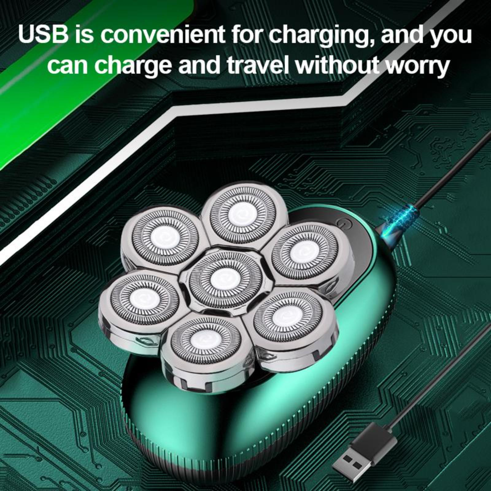 Elektrischer Rasierer mit mehreren Rasierköpfen. Der Hintergrund hat ein Leiterplattendesign und ein USB-Kabel.