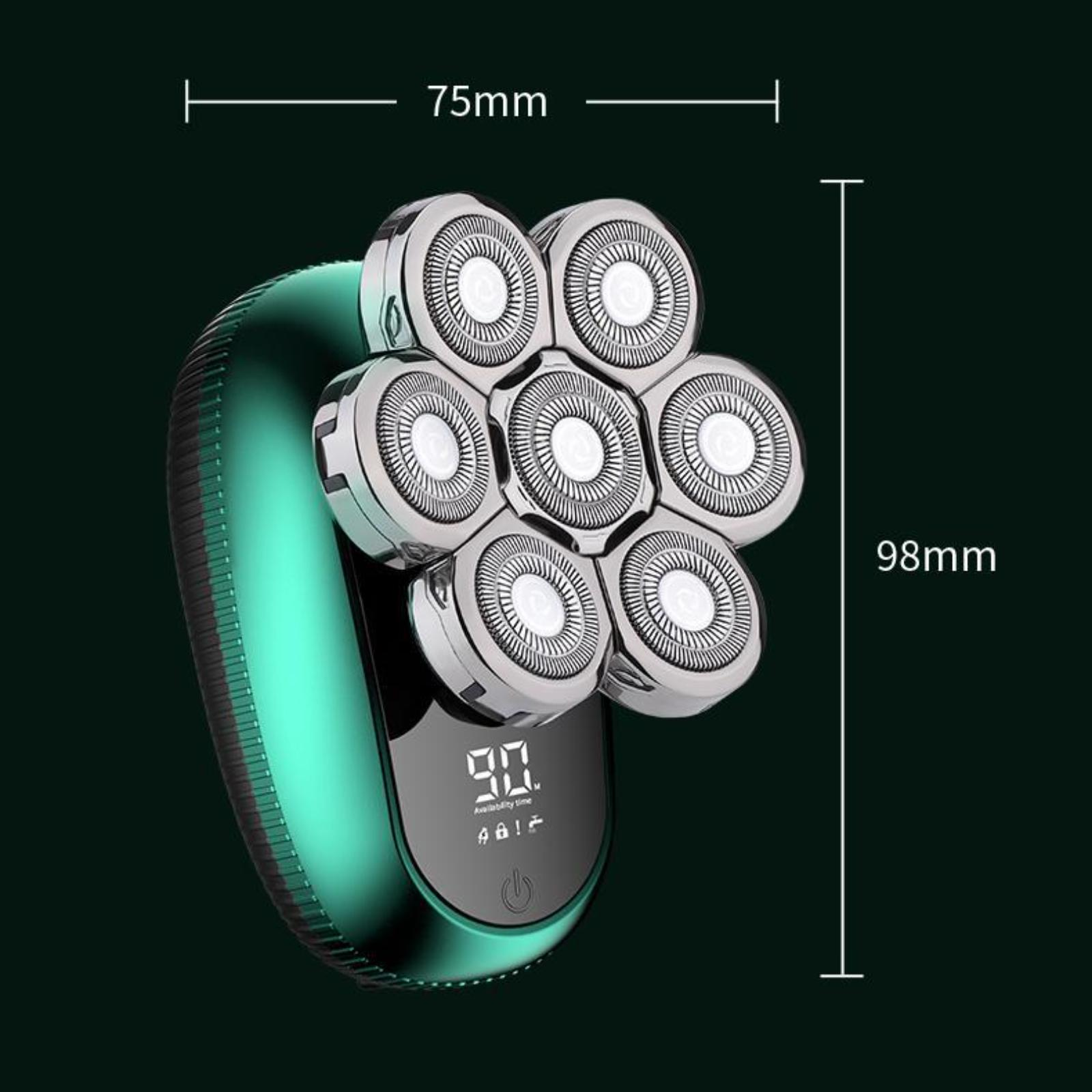 Ein tealfarbener Elektrorasierer mit sieben kreisförmigen Köpfen, 75 mm breit und 98 mm hoch, mit Digitalanzeige.