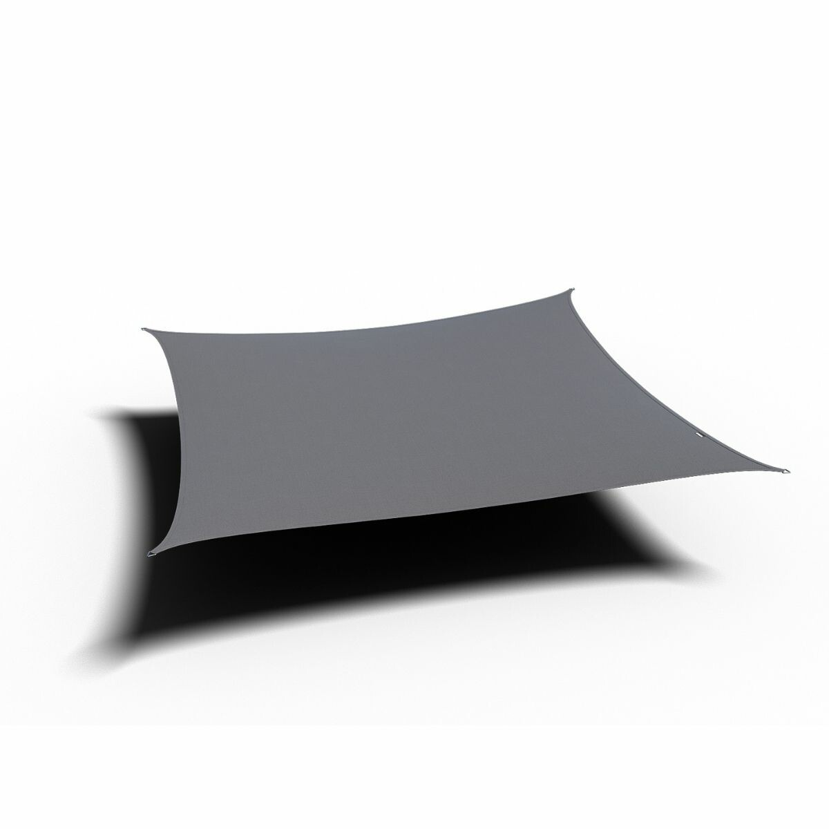 Un pare-soleil rectangulaire gris, suspendu sur un fond blanc, avec une ombre projetée.