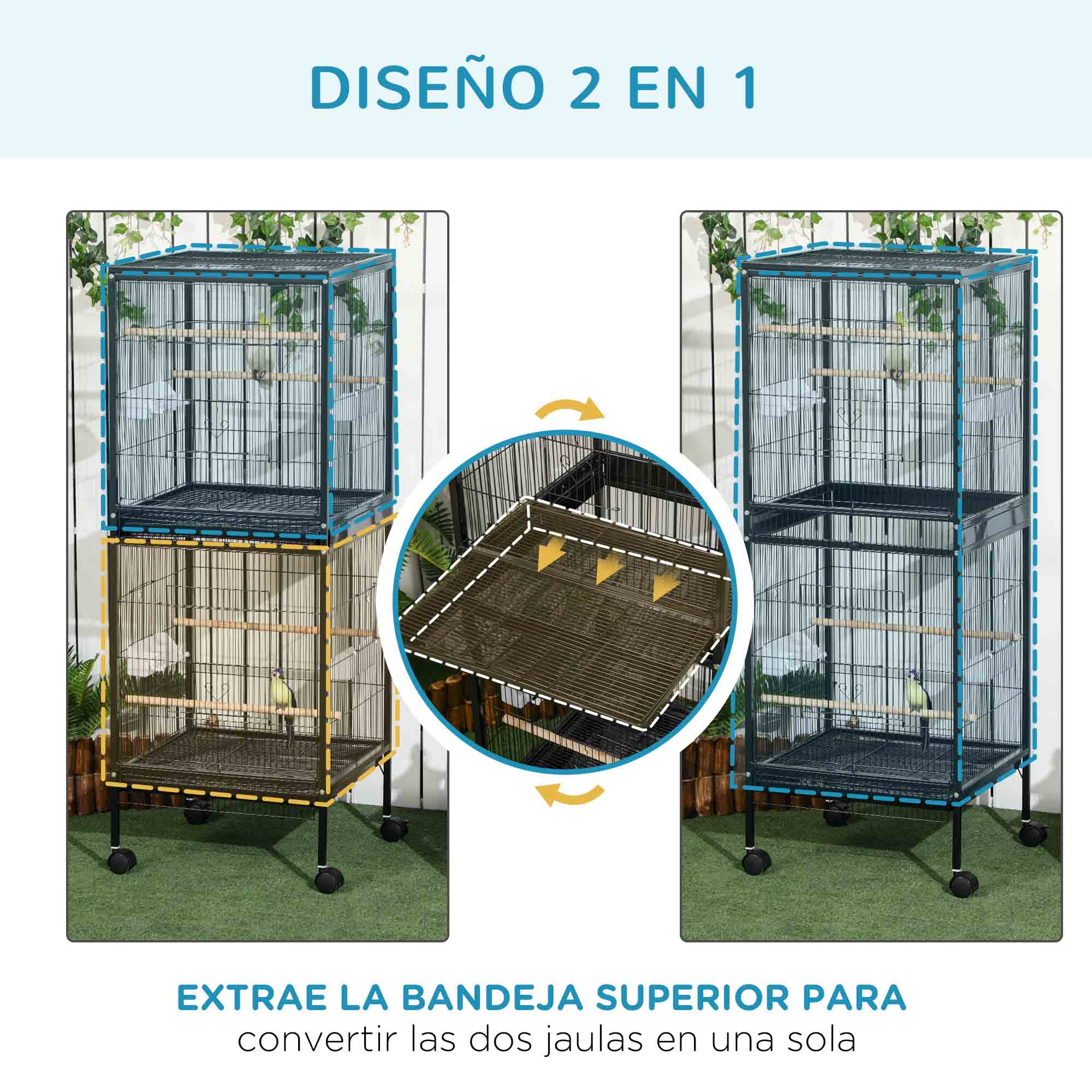 Dos jaulas para pájaros, una encima de la otra, con bandejas extraíbles. Las flechas muestran cómo se pueden convertir en una sola.