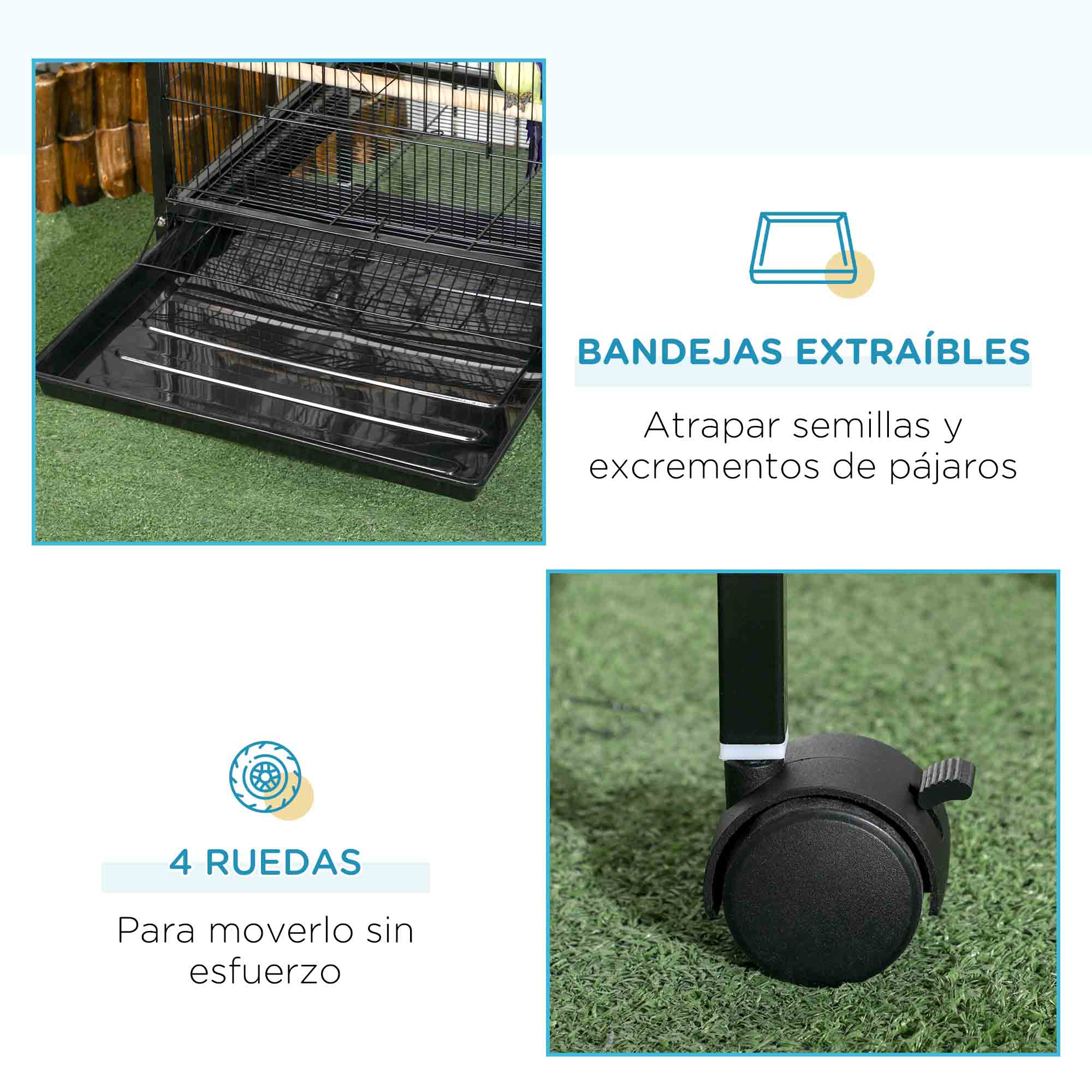 Imagen muestra un primer plano de una jaula con texto sobre bandejas extraíbles y ruedas.