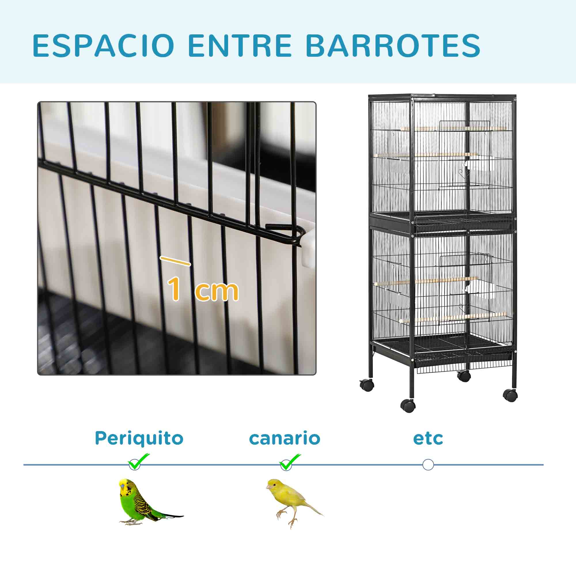 La imagen muestra una jaula con texto sobre el espacio entre barras y dos pájaros.