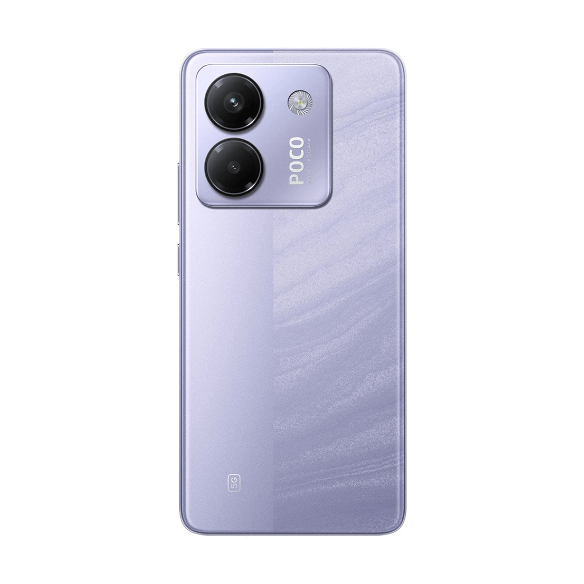 Lila POCO M7 Pro 5G Telefon. Die Rückseite hat Dual-Kameras und ein POCO-Logo.