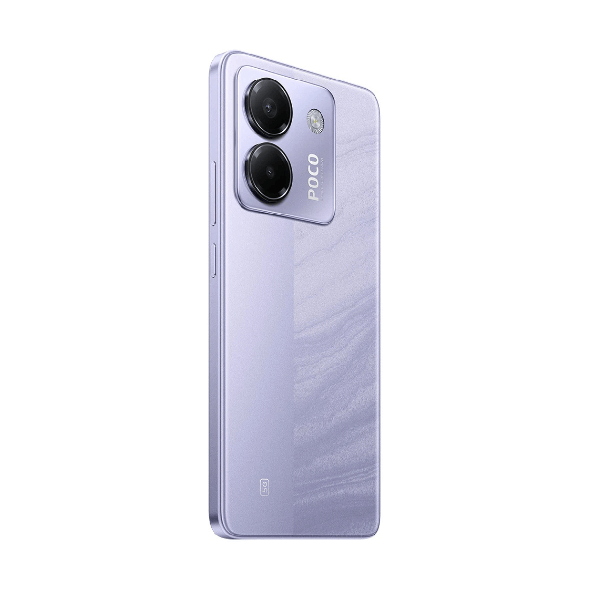 Lila POCO M7 Pro 5G Telefon. Die Rückseite hat Dual-Kameras und ein POCO-Logo.