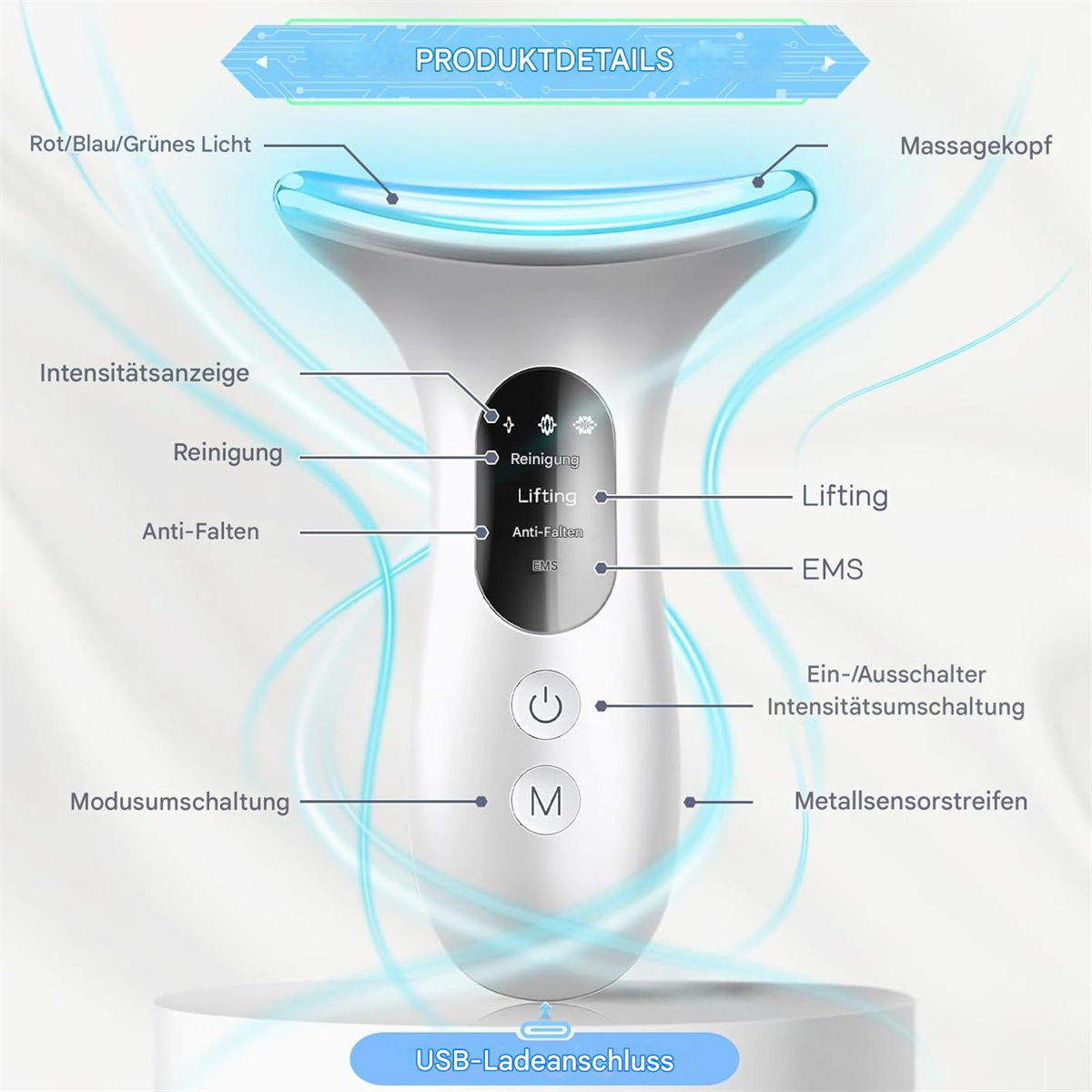 Ein weißes Schönheitsgerät mit blauen Lichtern, Beschriftungen auf Deutsch und einem Diagramm mit Produktdetails.