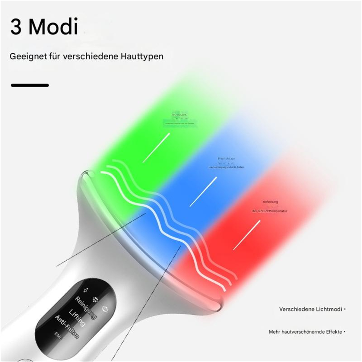 Ein weißes Gerät mit drei farbigen Lichtstreifen, beschriftet mit Funktionen. Es ist für die Hautbehandlung.