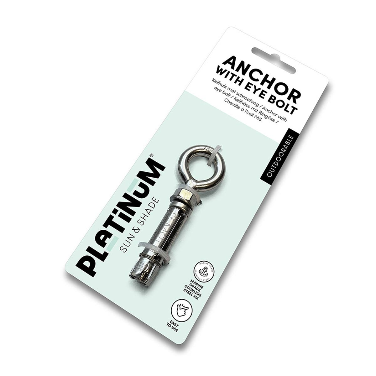 Ancre avec boulon à œil sur un emballage. L'emballage a du texte et un logo. L'ancre est en métal brillant.