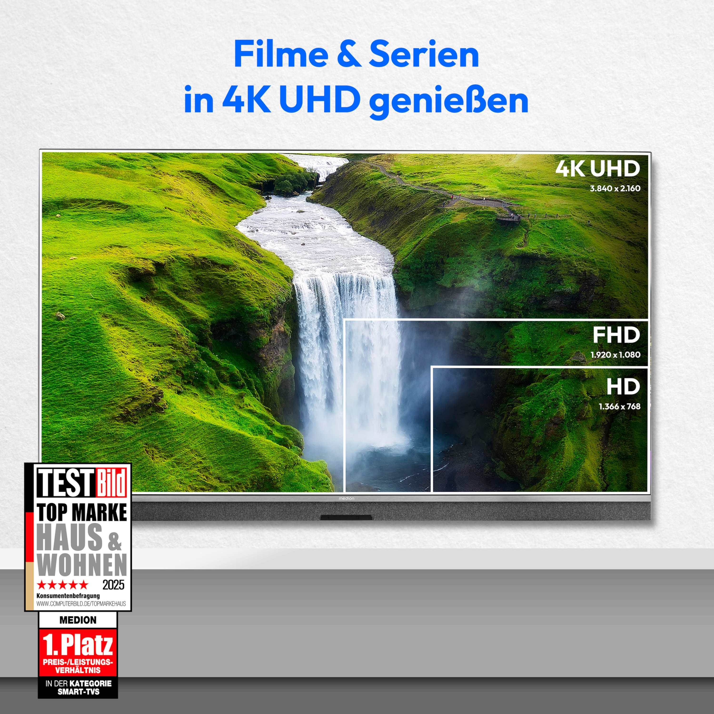 Ein Fernsehbildschirm zeigt eine Wasserfallszene mit Auflösungsdetails und einem 'Top Marke'-Label.
