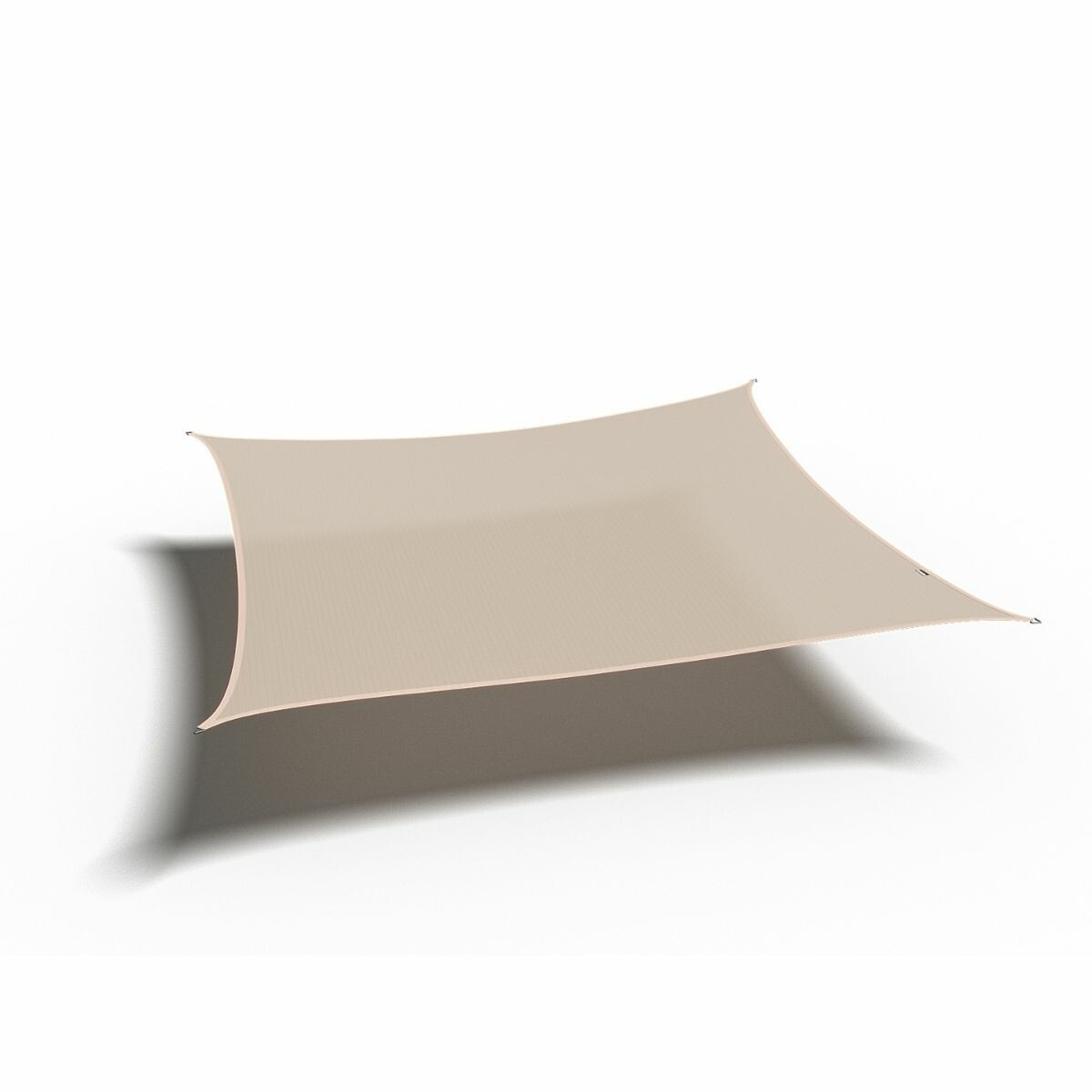 Een beige, rechthoekig zonnescherm tegen een witte achtergrond, dat een schaduw werpt.