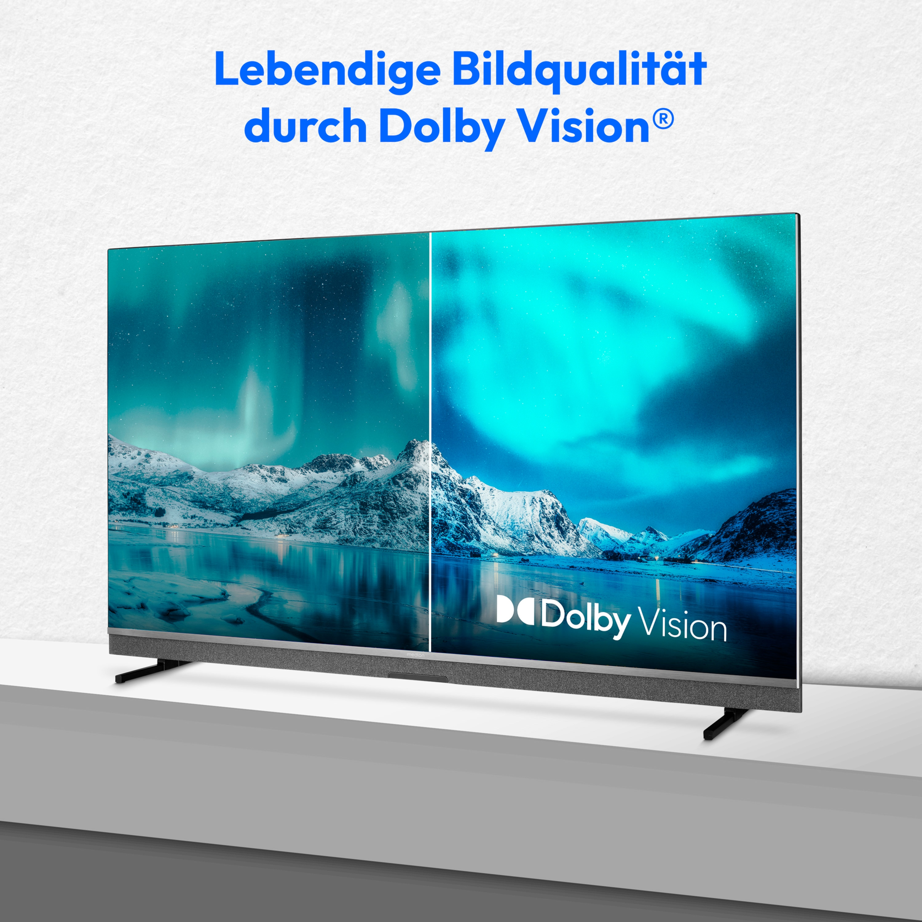 Ein Fernsehbildschirm zeigt eine Winterszene mit dem Text 'Lebendige Bildqualität durch Dolby Vision'.