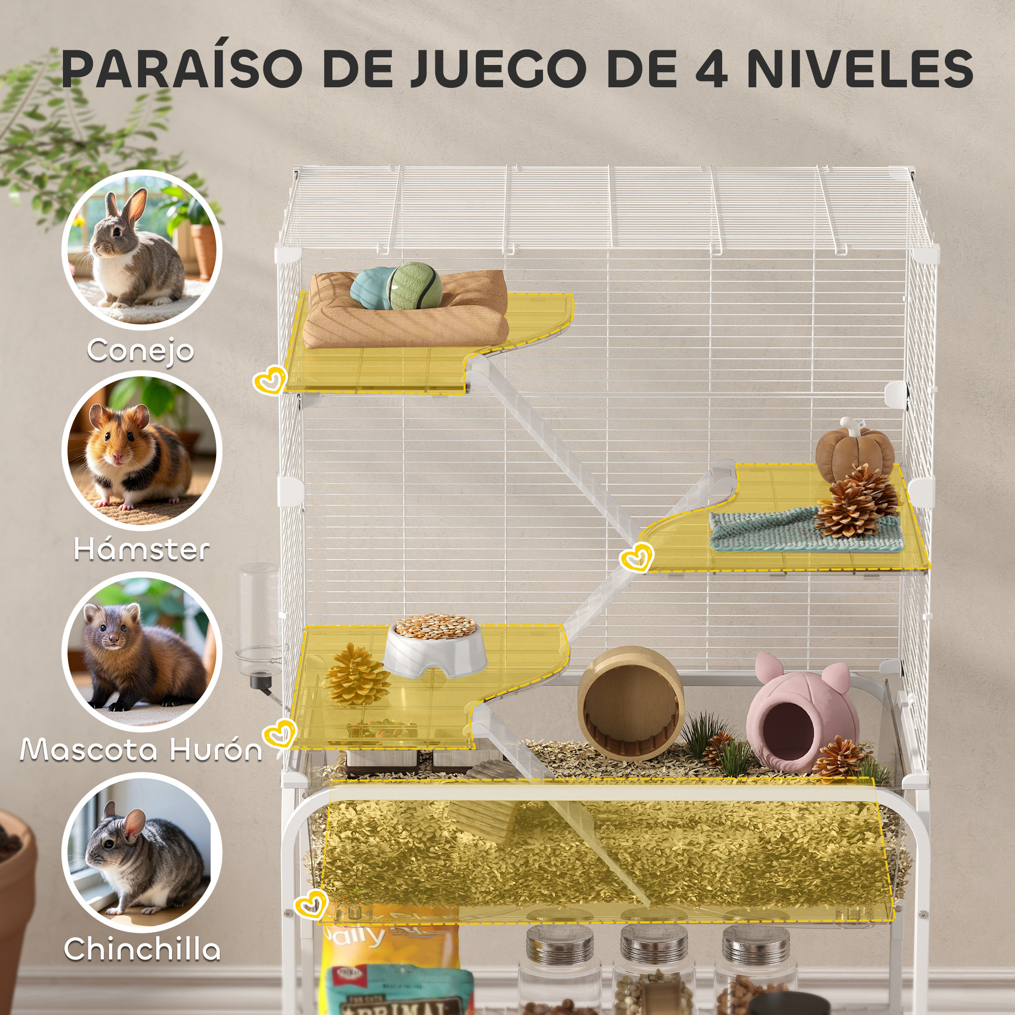 Una jaula para mascotas de varios niveles con etiquetas para conejo, hámster, hurón y chinchilla, con comida y accesorios.