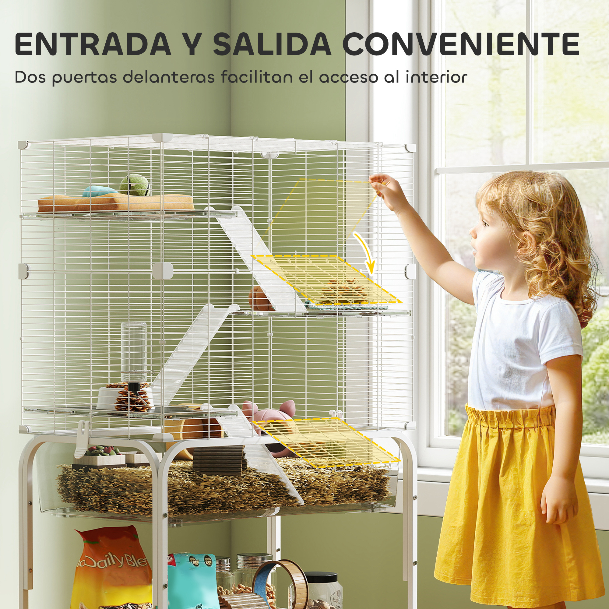 Una niña alcanza una jaula blanca para mascotas con múltiples niveles. La jaula está cerca de una ventana y la niña lleva una falda amarilla.