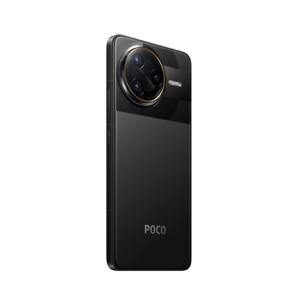 Black smartphone with a triple-lens camera setup, the POCO logo, on a white background.