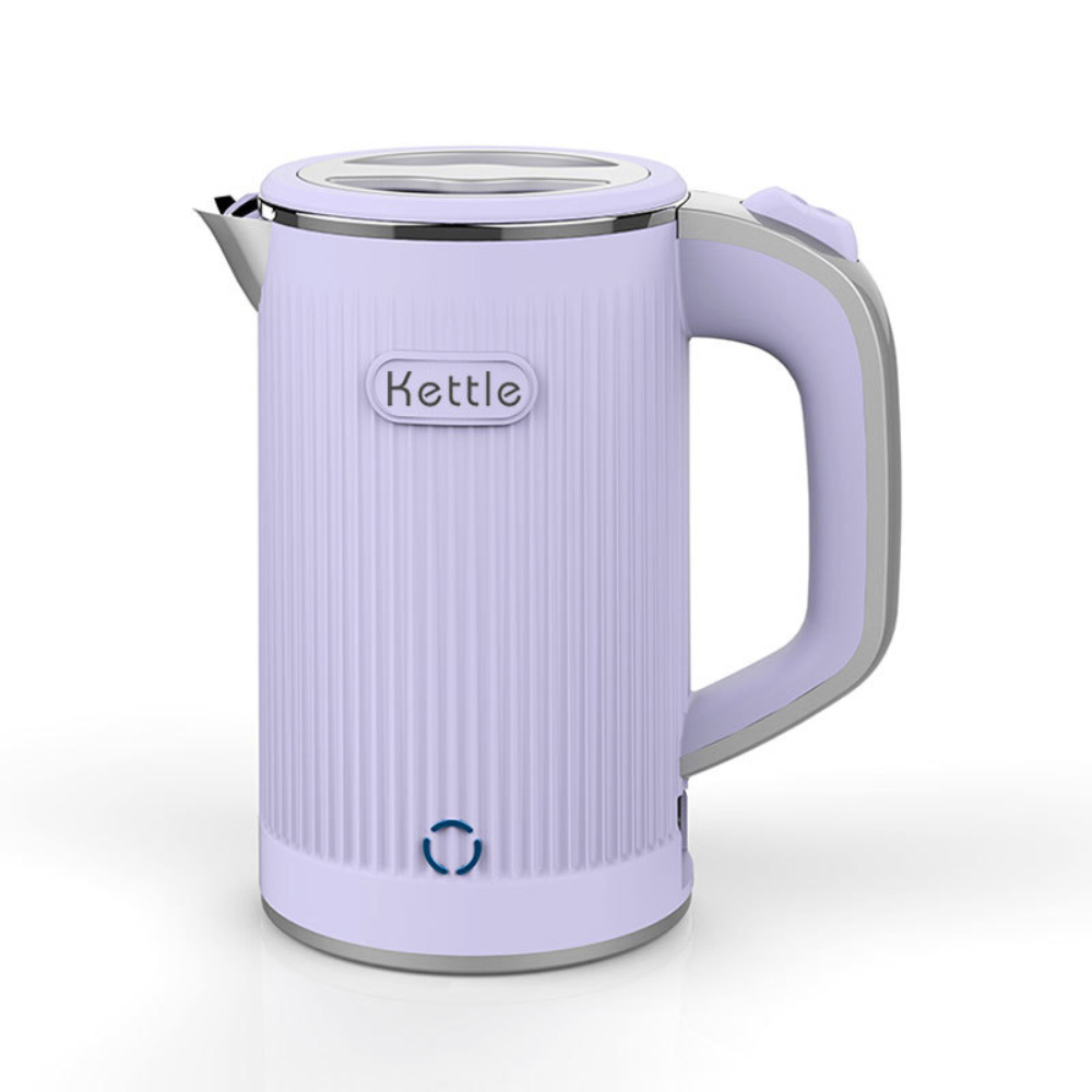 Ein lila elektrischer Wasserkocher mit Griff, Ausguss und dem Wort 'Kettle' auf der Vorderseite.