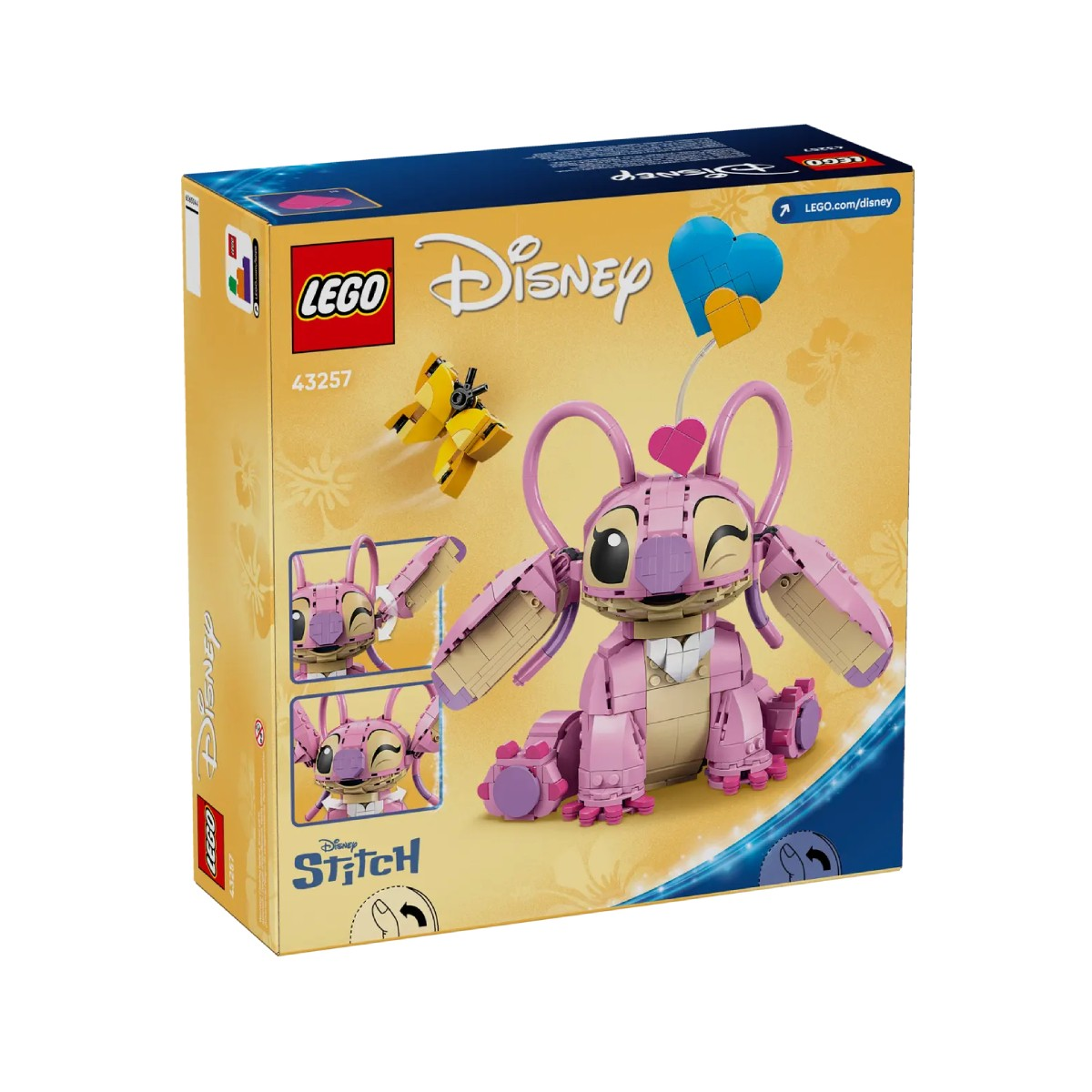 Pudełko Lego Disney Stitch z postacią oraz żółtym samolotem i niebieskim sercem.