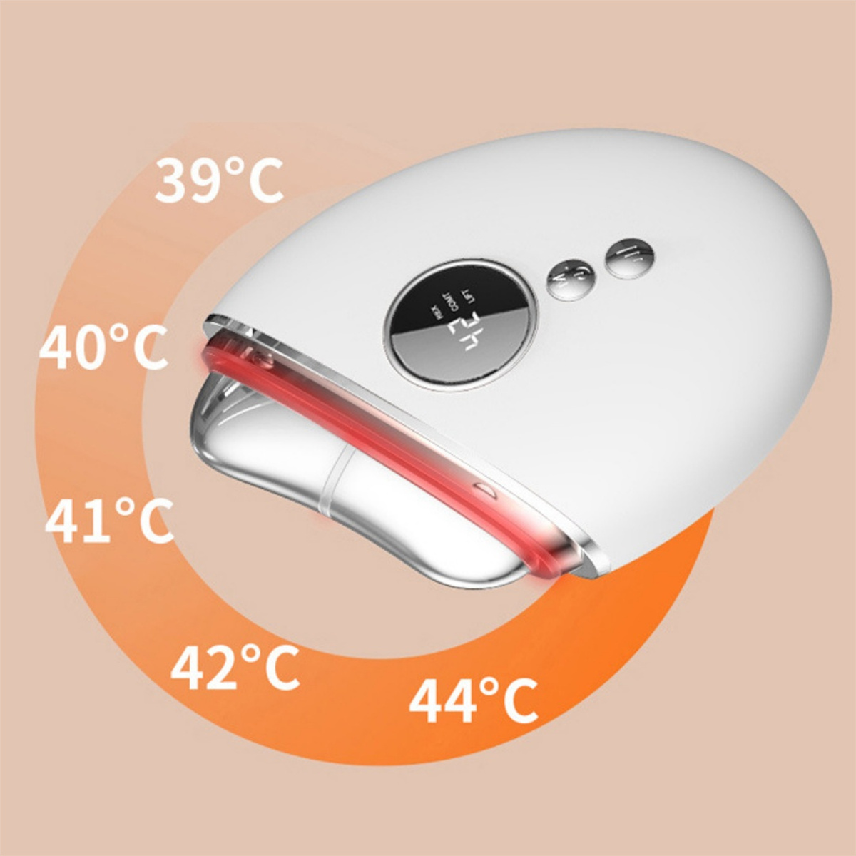 Weißes Gerät mit rotem Licht und Temperaturanzeigen von 39°C bis 44°C.