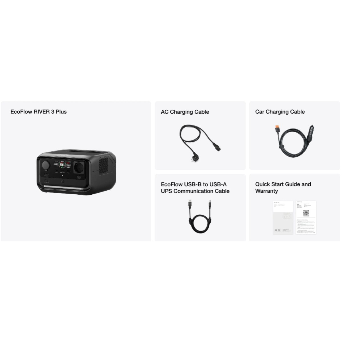 Eine EcoFlow RIVER 3 Plus-Powerstation mit Zubehör: Kabel und eine Kurzanleitung.