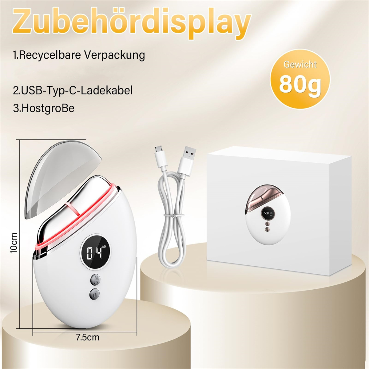 Ein Schönheitsgerät mit Ladekabel und Box, das mit Zubehördetails und Abmessungen ausgestellt ist.