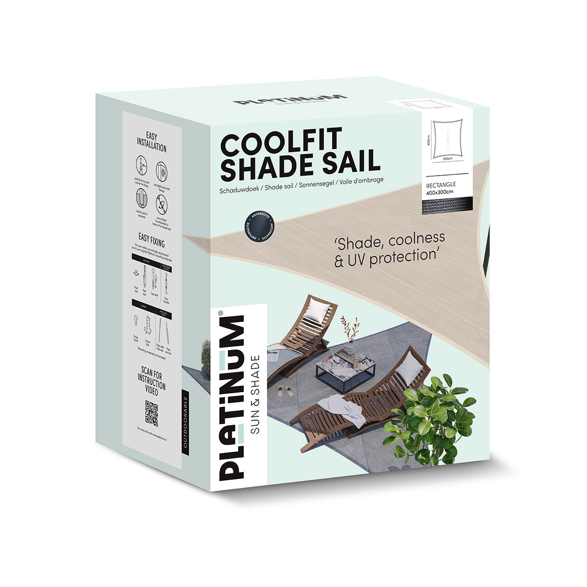 Karton mit 'COOLFIT SHADE SAIL'. Es zeigt eine Terrasse mit Stühlen und einem Sonnensegel, sowie Installationsanweisungen.