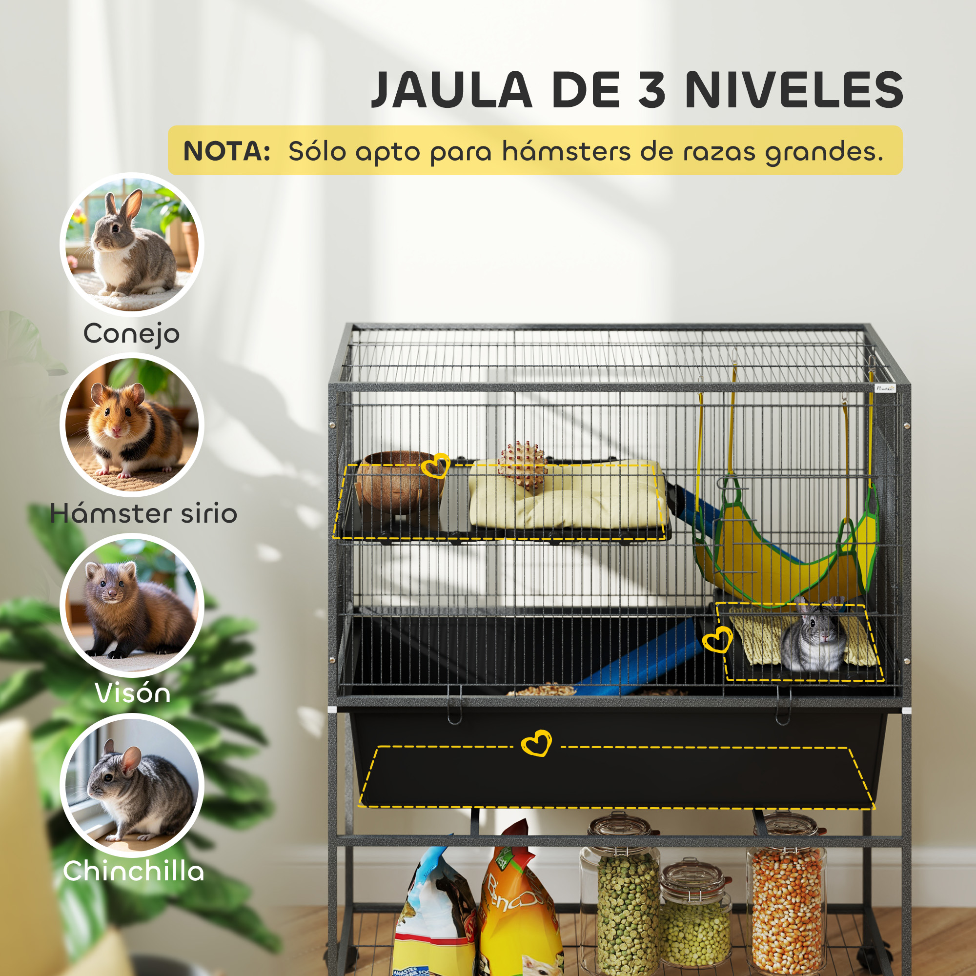 Una jaula para mascotas de tres niveles con accesorios y comida, adecuada para hámsteres y otros animales pequeños.