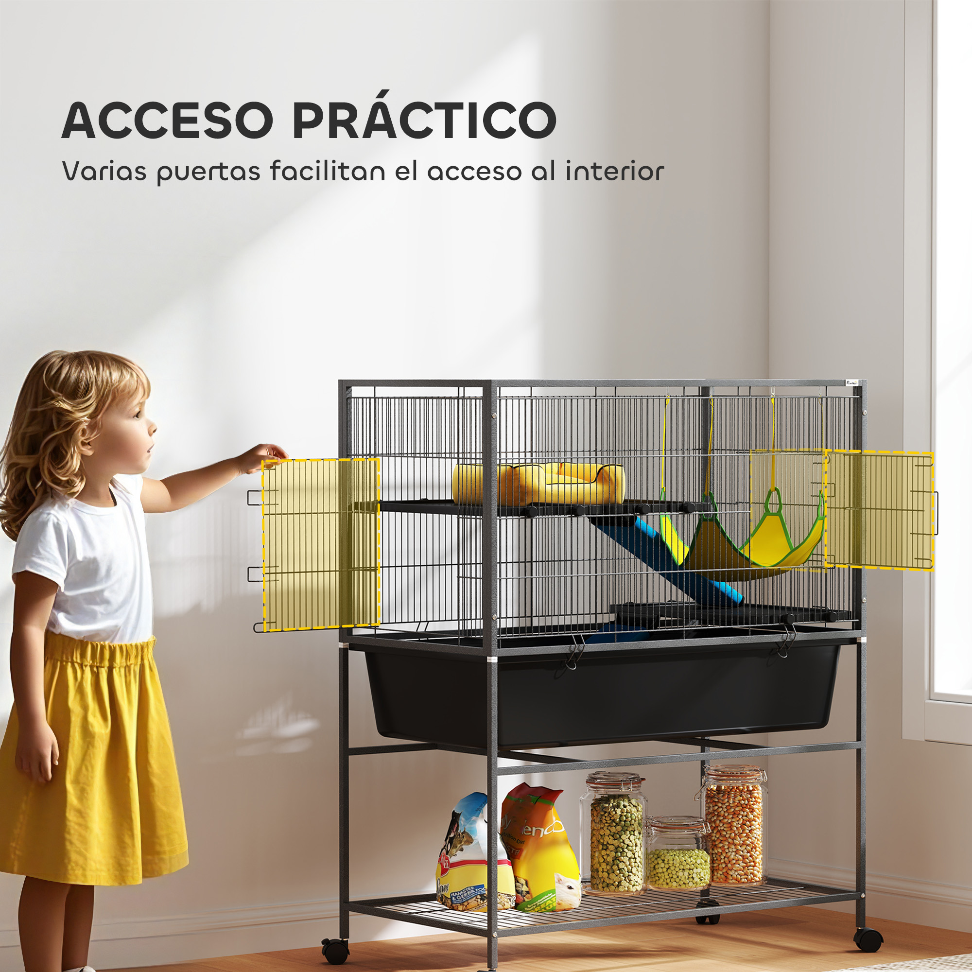 Un niño está alcanzando una jaula para mascotas abierta de varios niveles con accesorios y comida en un estante debajo.
