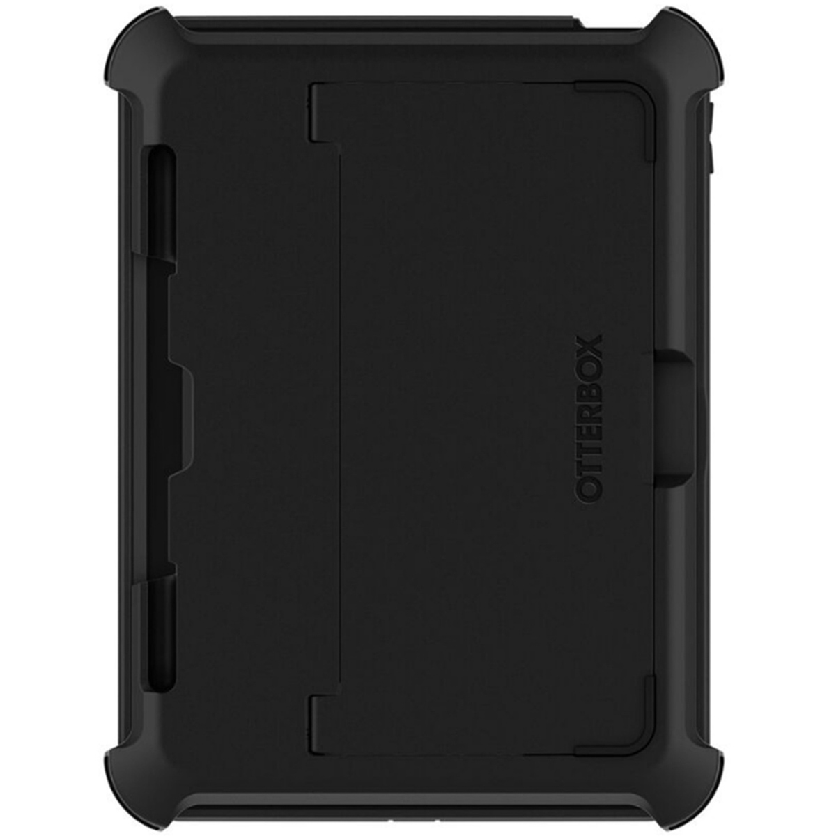A black Otterbox case. It has a rectangular shape with a cover that folds over.