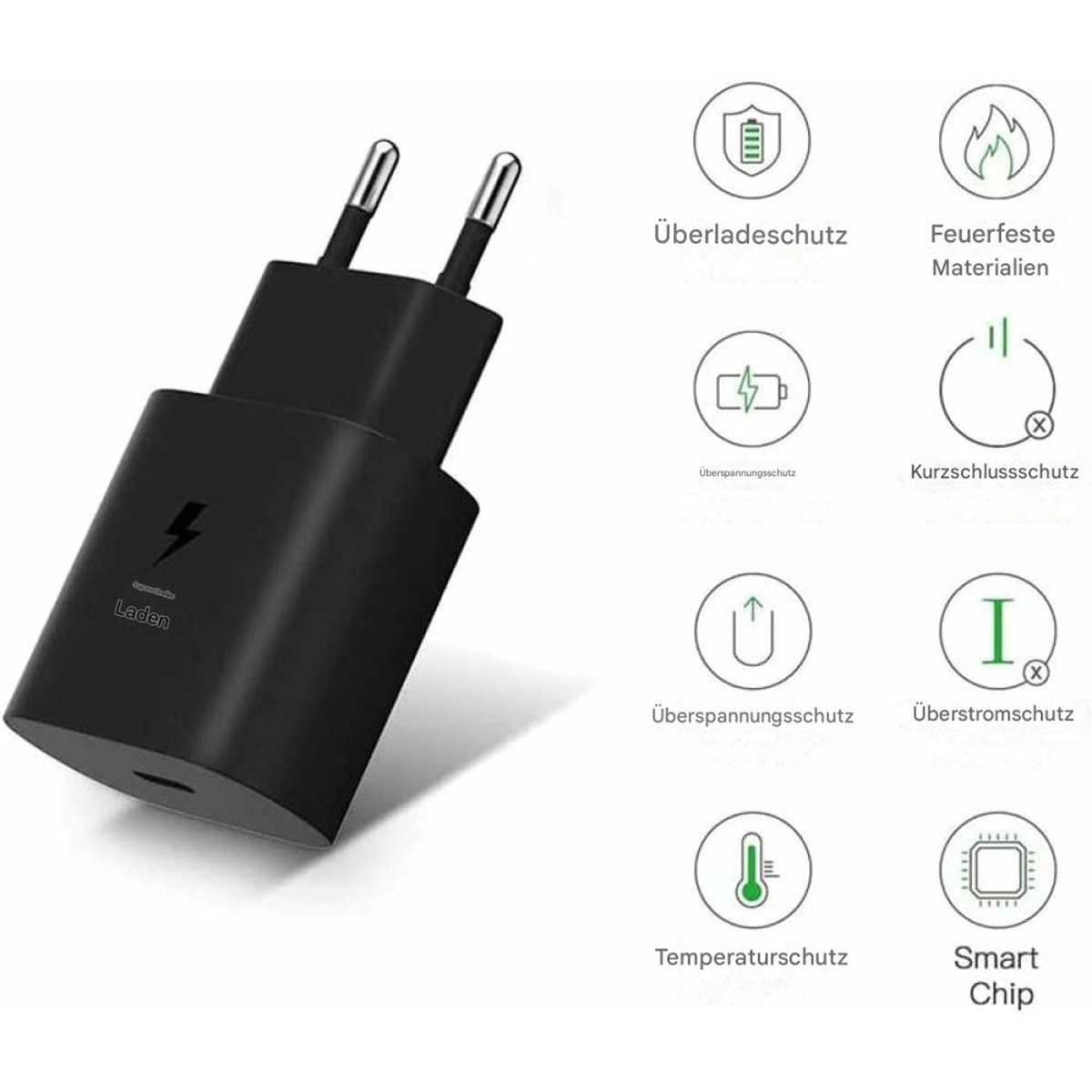 Ein schwarzes Ladegerät mit einem Blitzsymbol, begleitet von Symbolen, die Sicherheitsfunktionen darstellen.