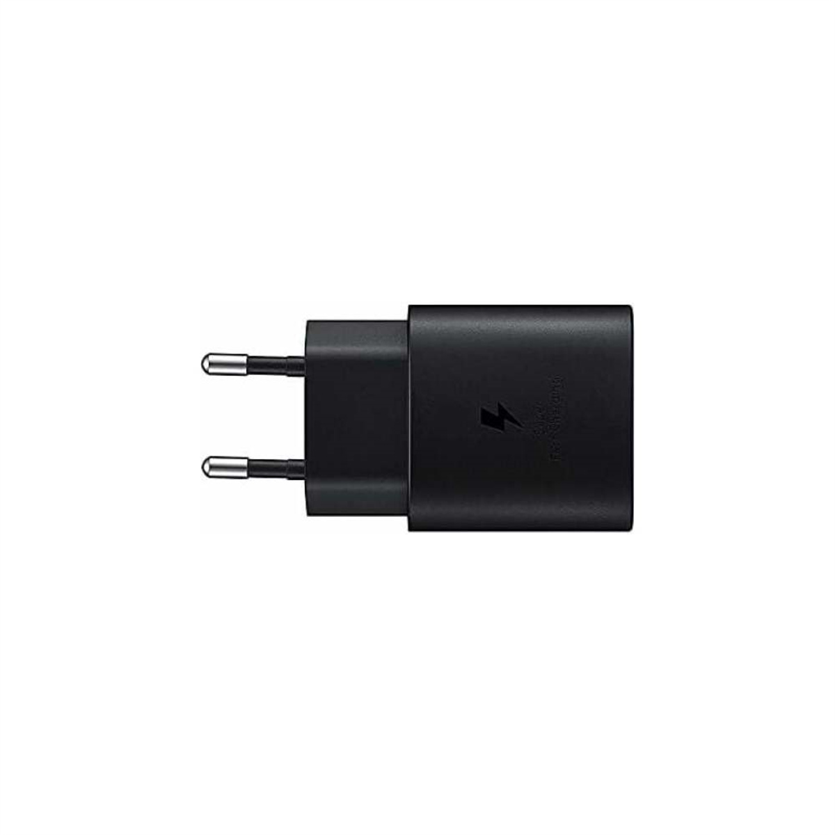 Schwarzes Samsung-Ladegerät mit zwei Stiften auf weißem Hintergrund.