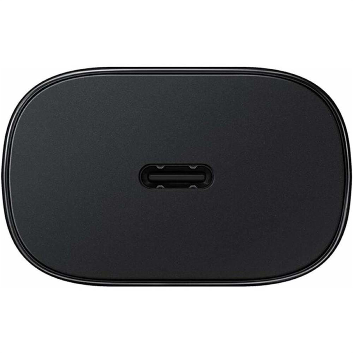 Ein schwarzes Samsung Ladegerät. Es hat einen USB-C-Anschluss und eine glatte, abgerundete Form.