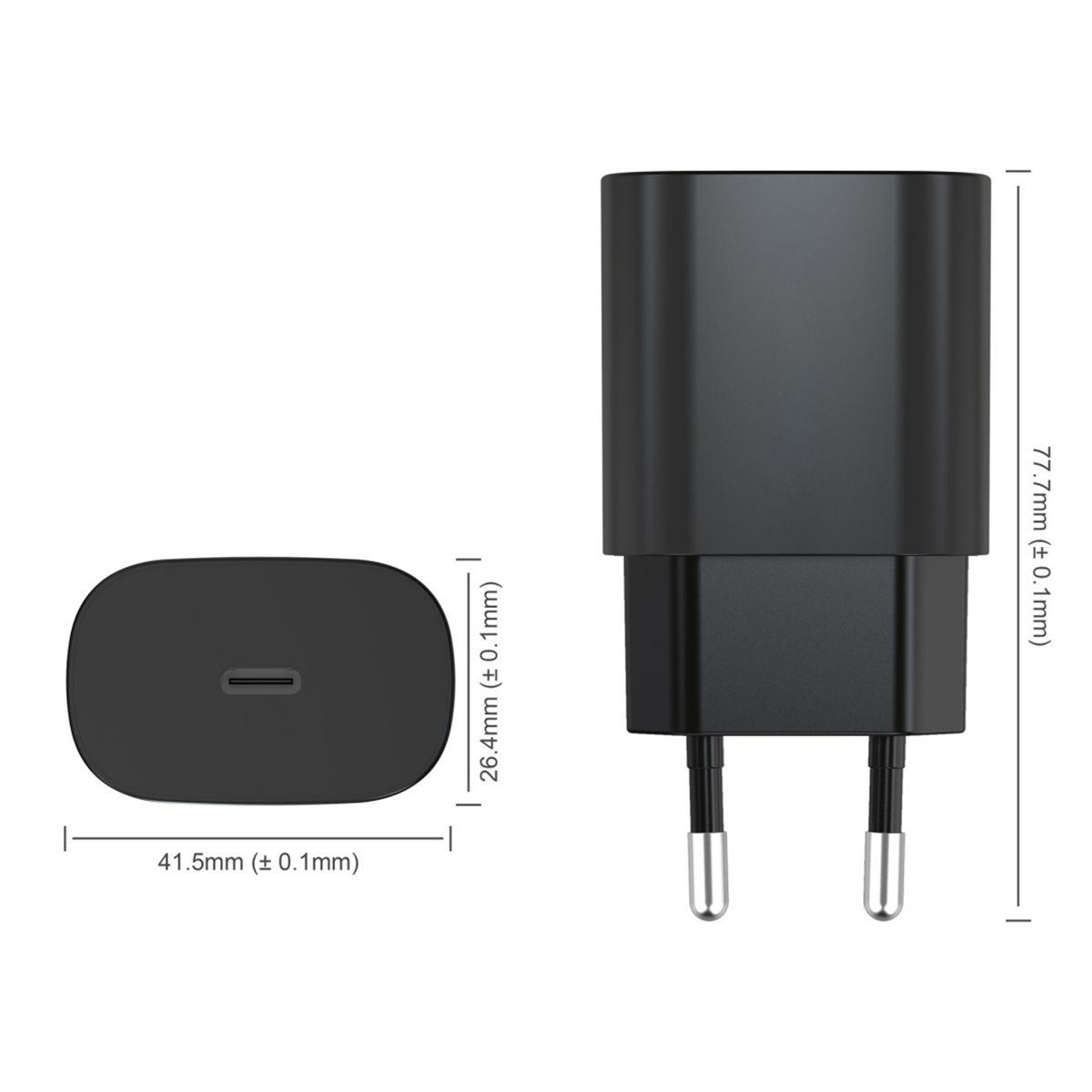 Ein schwarzes Samsung Ladegerät. Es hat beschriftete Abmessungen und einen USB-C-Anschluss.