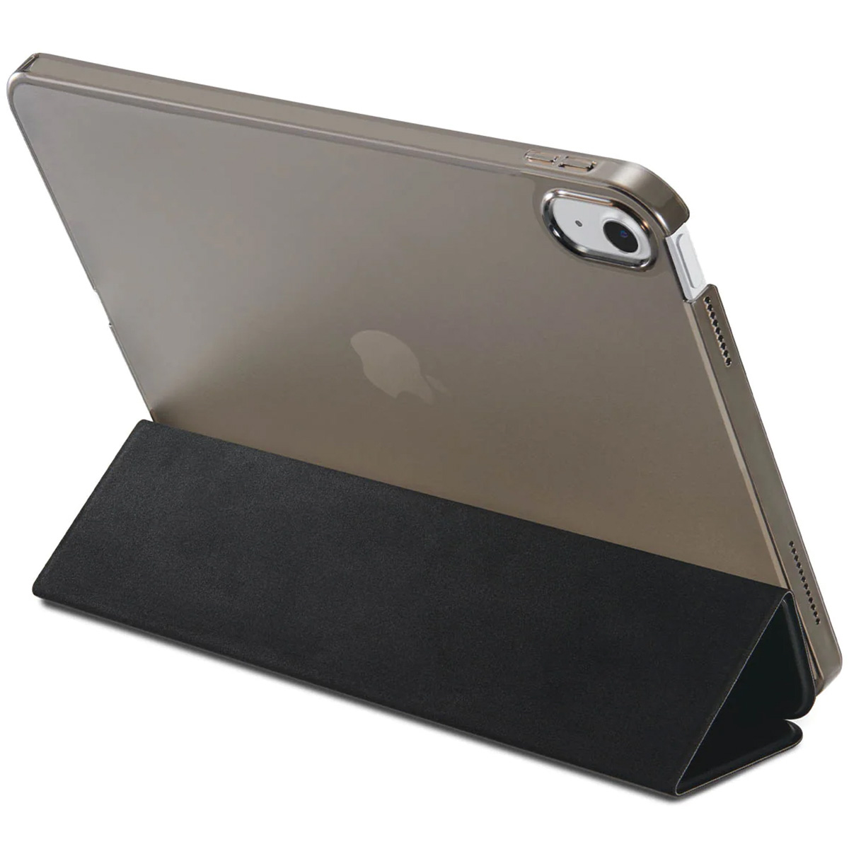 Un iPad dans un étui gris posé sur un support pliable noir. Seule l'arrière de l'iPad est visible.