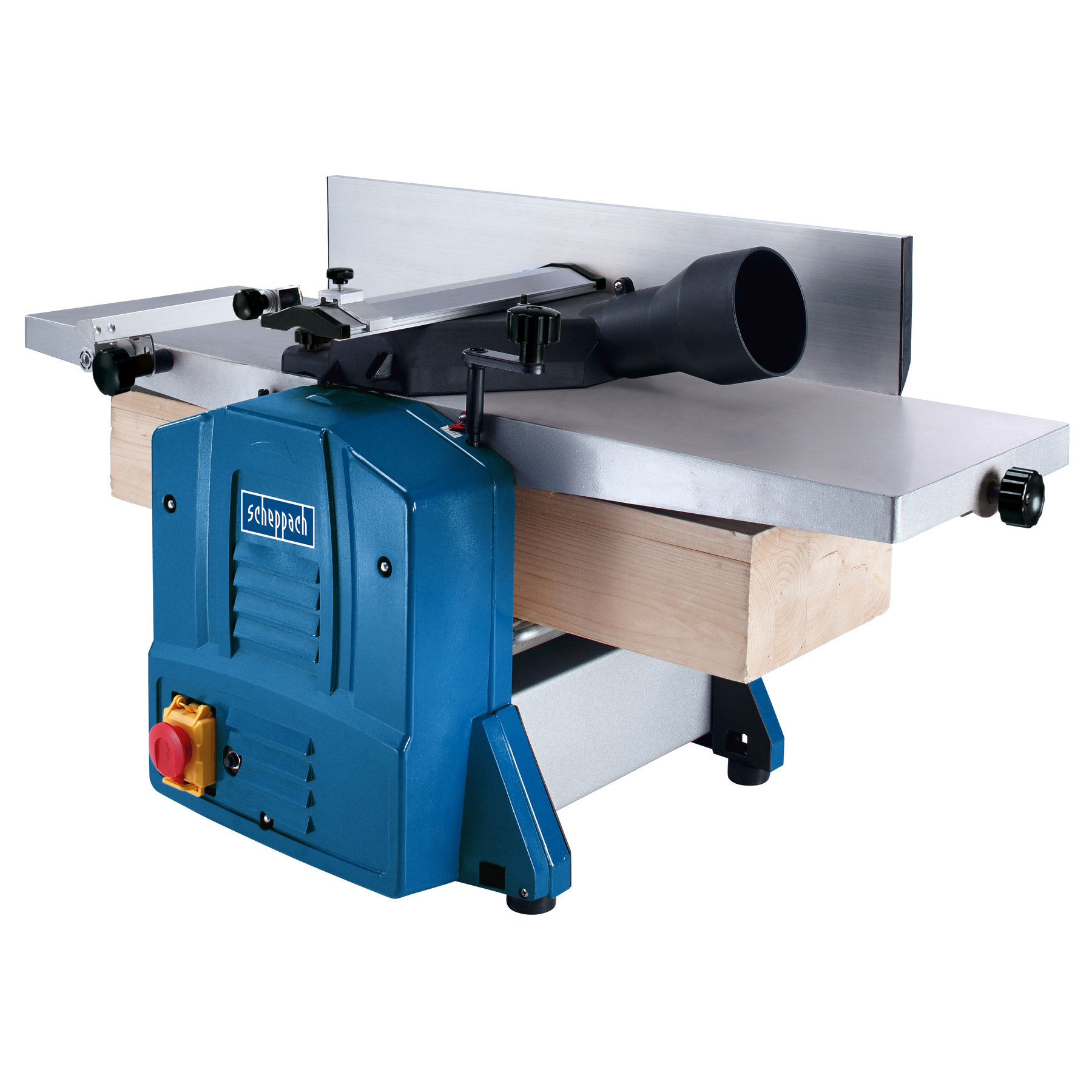 Blaue und silberne Scheppach-Hobelmaschine mit Holzblock und schwarzem Schlauch.