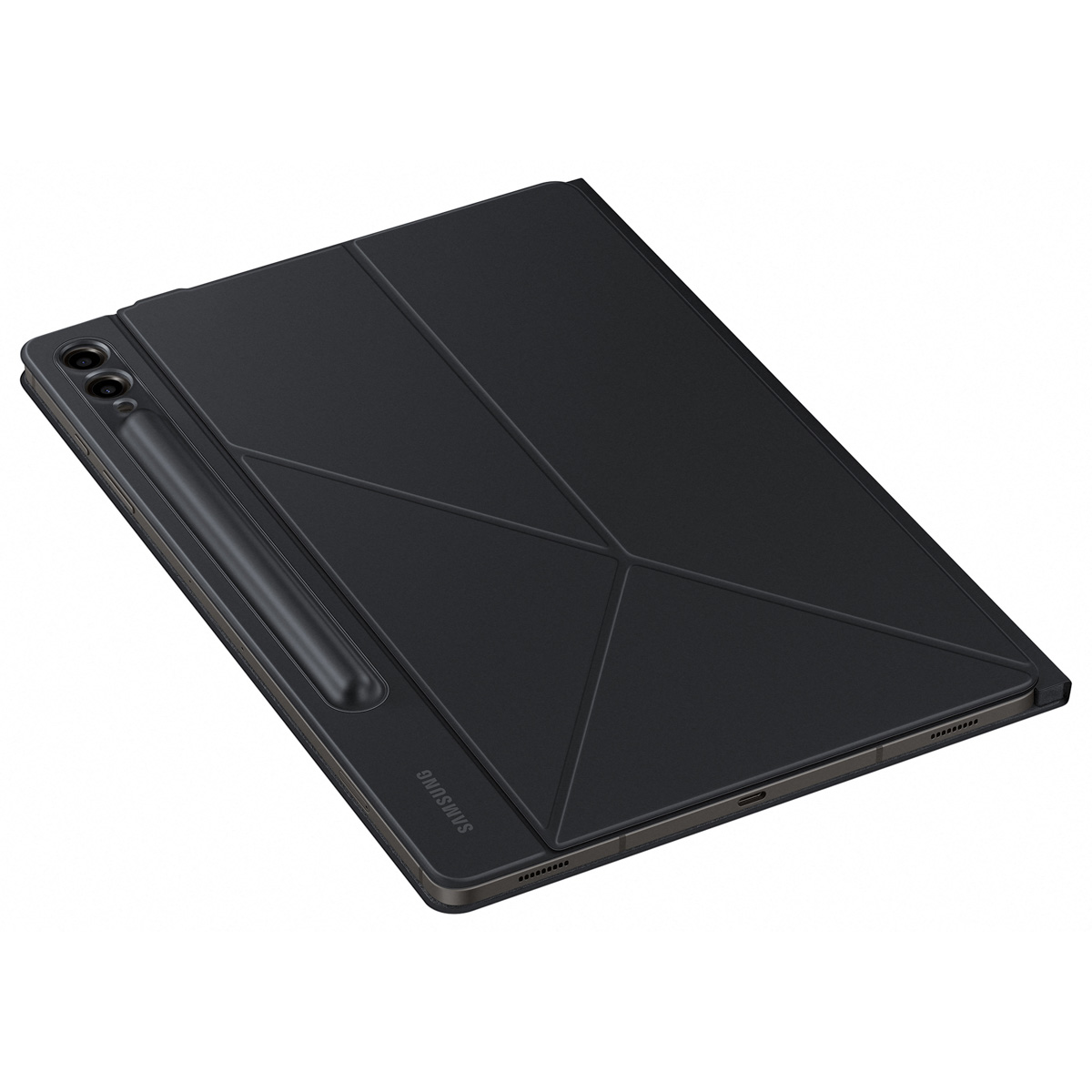 Czarny tablet z etui ochronnym i włożonym rysikiem. Etui jest złożone.