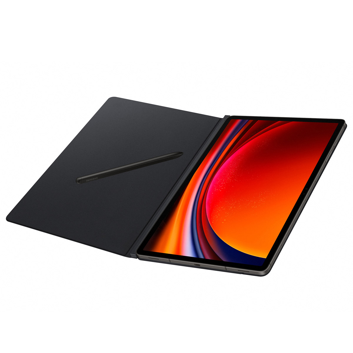 Czarny tablet z piórem na czarnej okładce, ekran wyświetla czerwono-pomarańczowy design.
